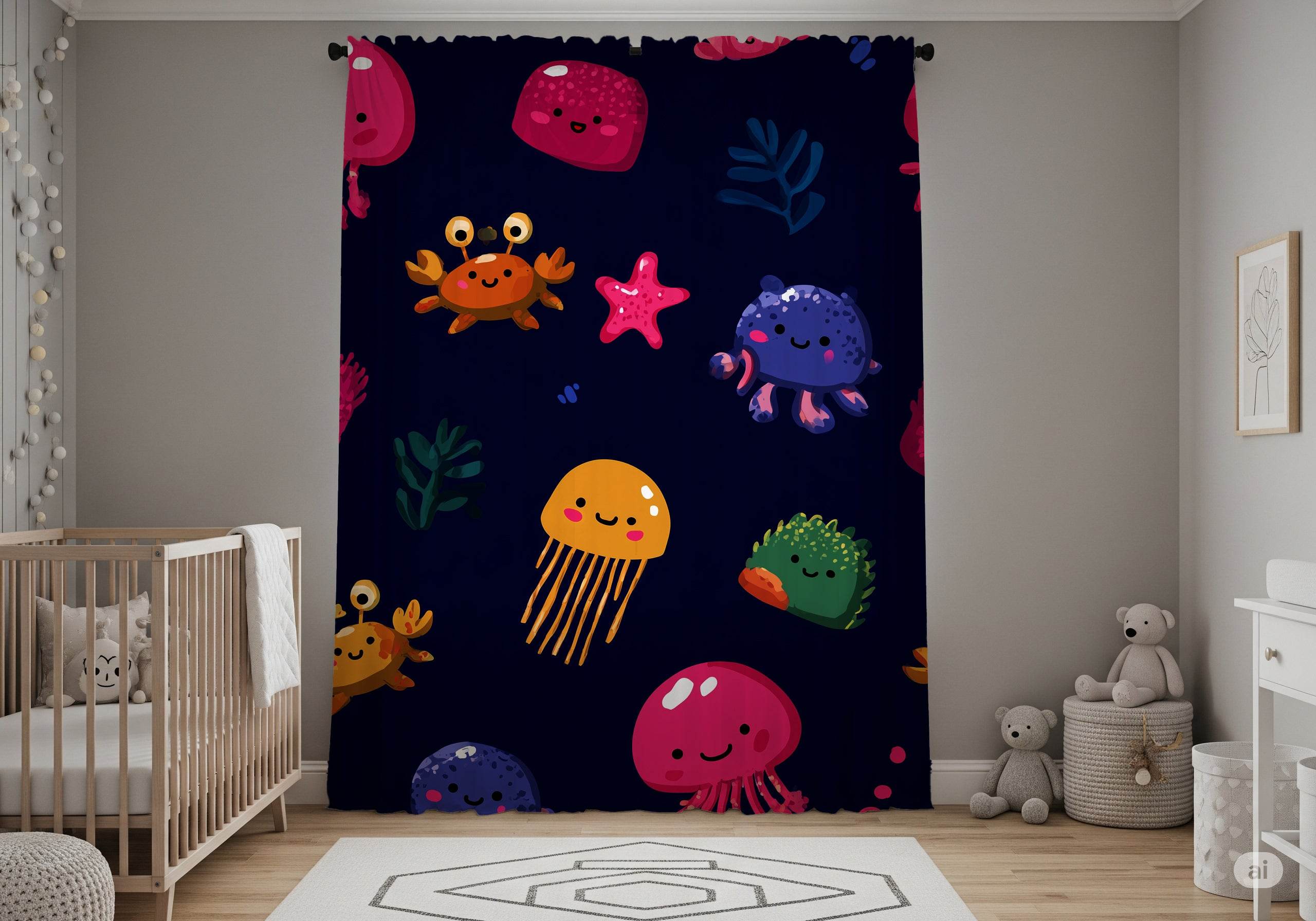 Colorful Ocean Creatures Window Curtain, Kids Room Decor, Nautical Theme Curtain, Jellyfish Design, Playful Home Accent, Underwater Vibe - Home Decor -