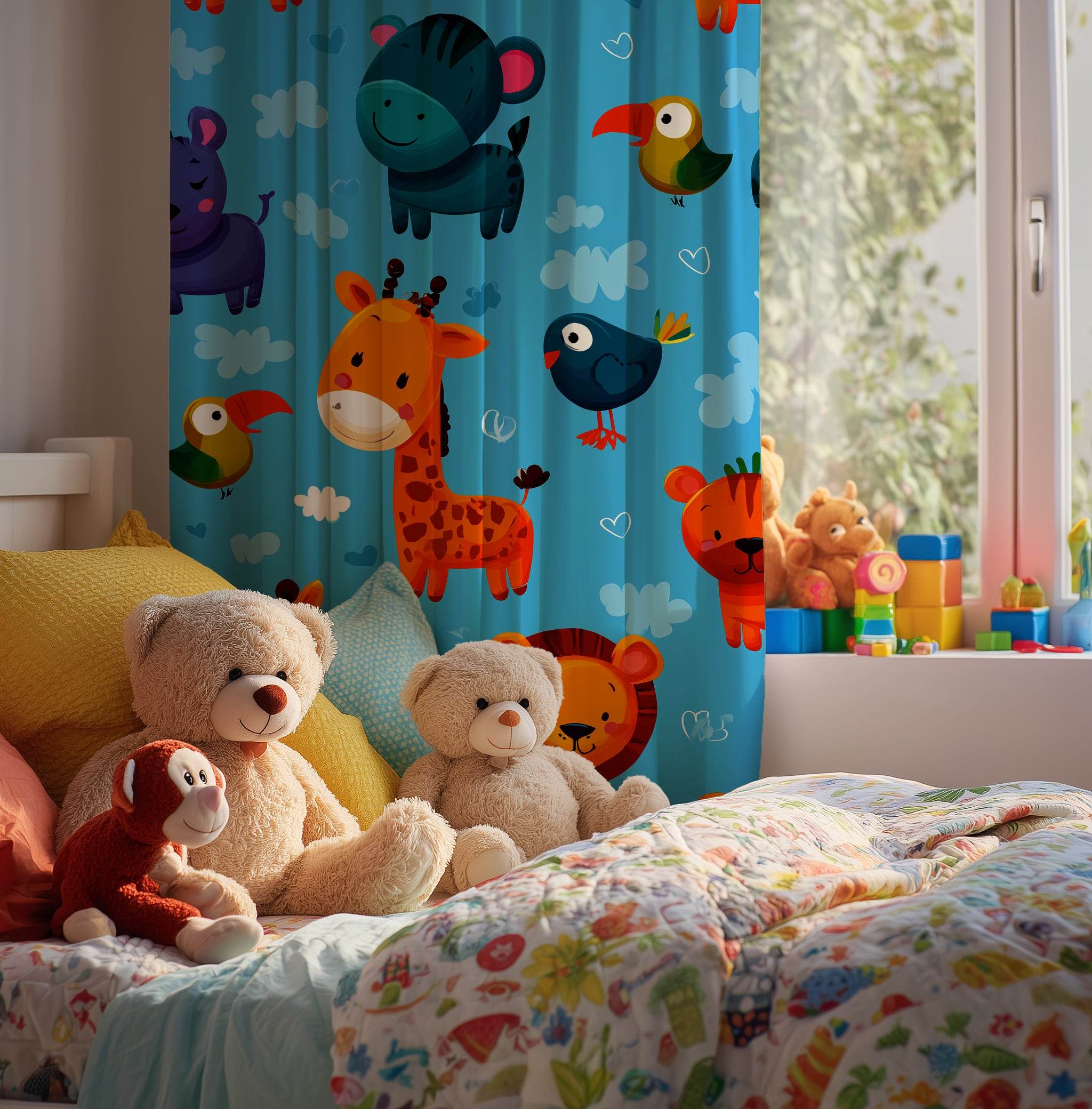 Colorful Animal-Themed Window Curtain, Kids Room Decor, Nursery Curtains, Playroom Decoration, Fun Jungle Design for Baby Showers - Home Decor -
