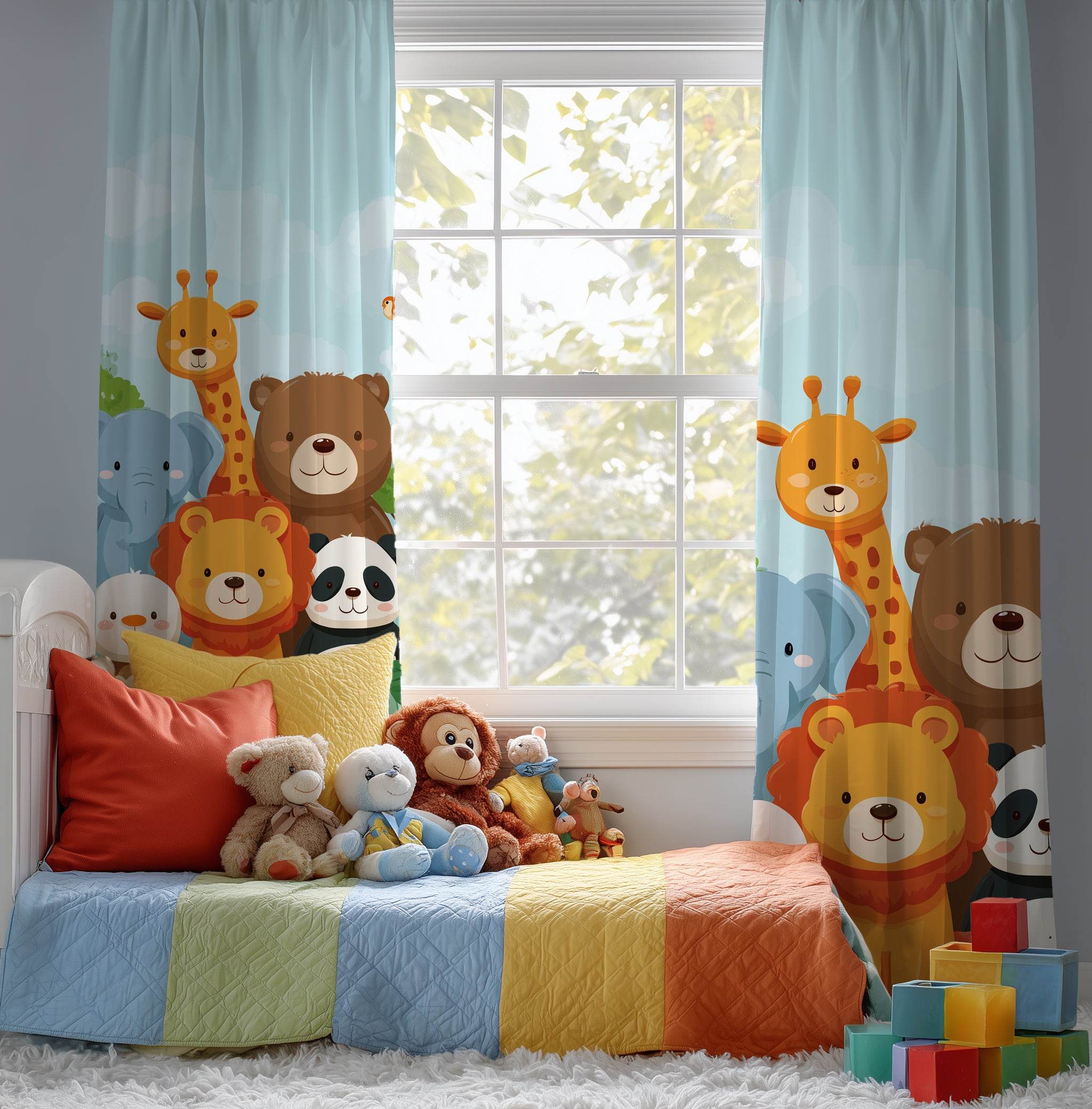 Whimsical Animal Window Curtain, Kids Room Decor, Nursery Drapes, Playroom Curtain, Animal Friends Design - Home Decor -
