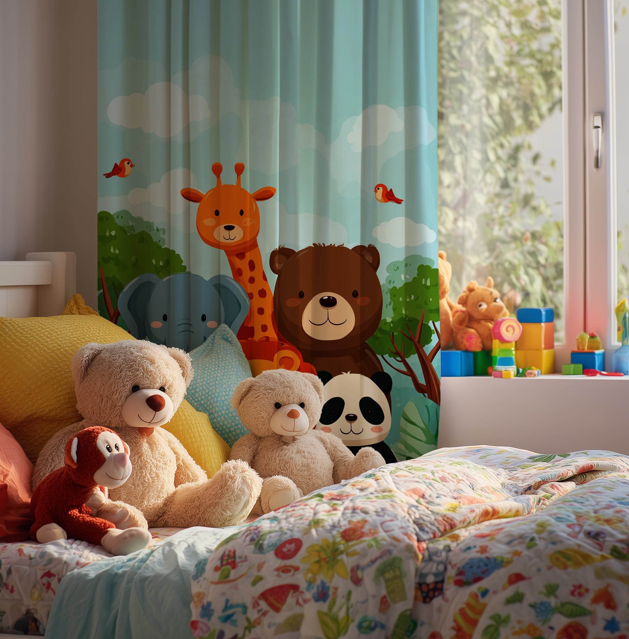 Whimsical Animal Window Curtain, Kids Room Decor, Nursery Drapes, Playroom Curtain, Animal Friends Design - Home Decor -