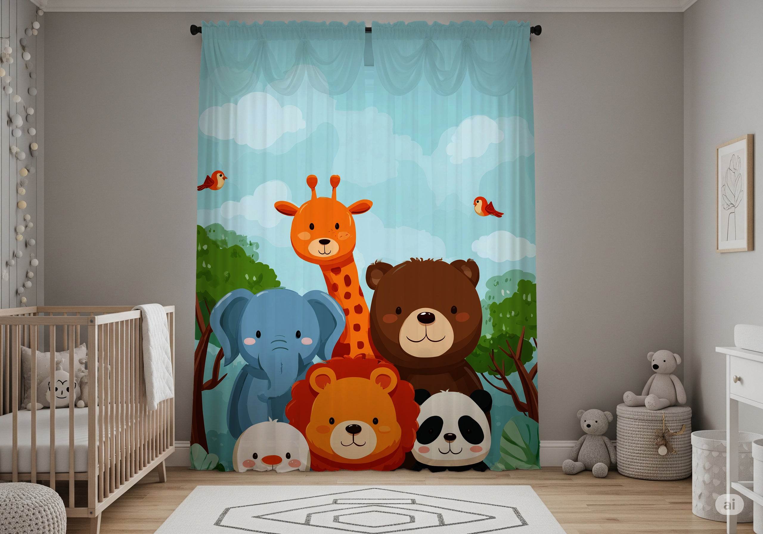 Whimsical Animal Window Curtain, Kids Room Decor, Nursery Drapes, Playroom Curtain, Animal Friends Design - Home Decor -