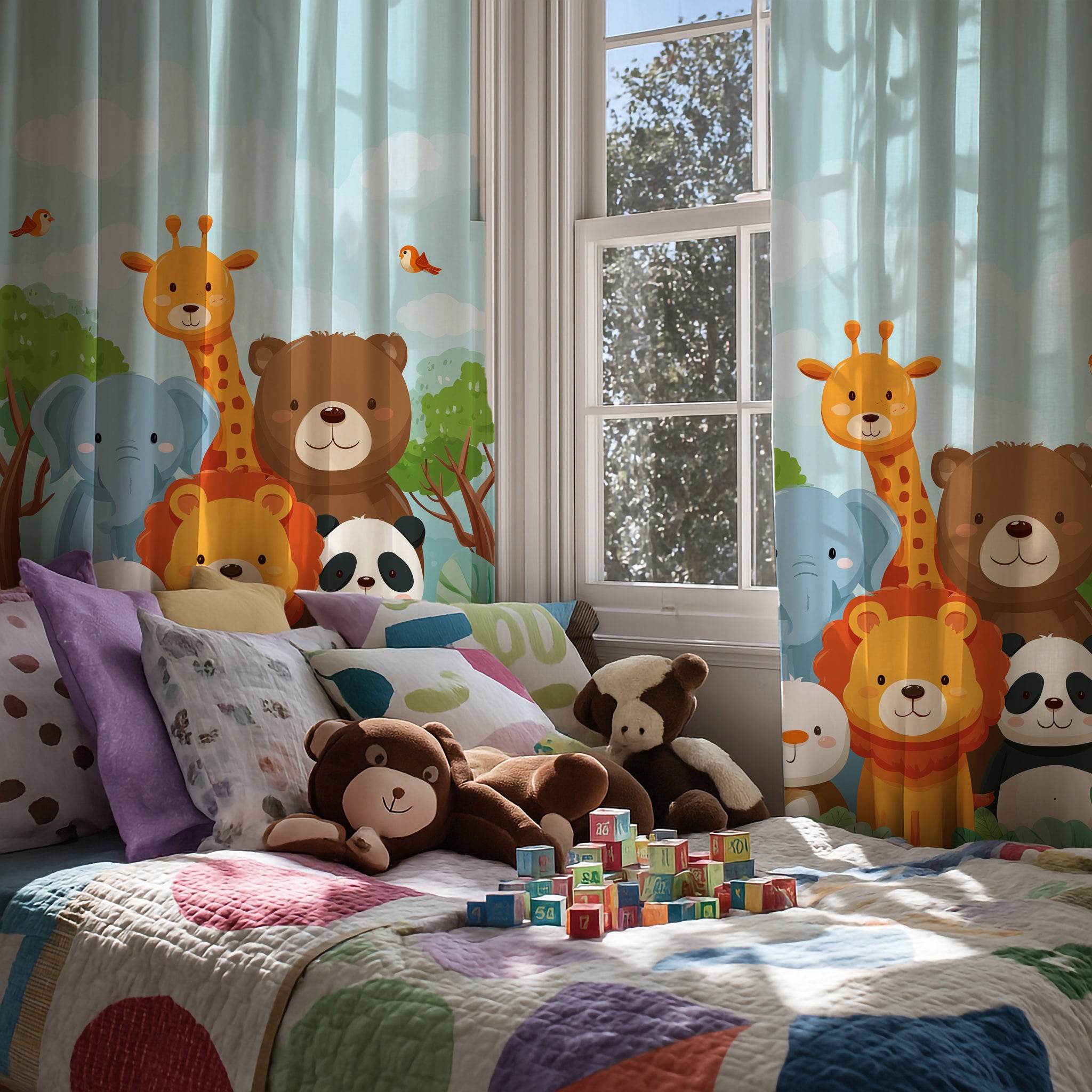 Whimsical Animal Window Curtain, Kids Room Decor, Nursery Drapes, Playroom Curtain, Animal Friends Design - Home Decor -
