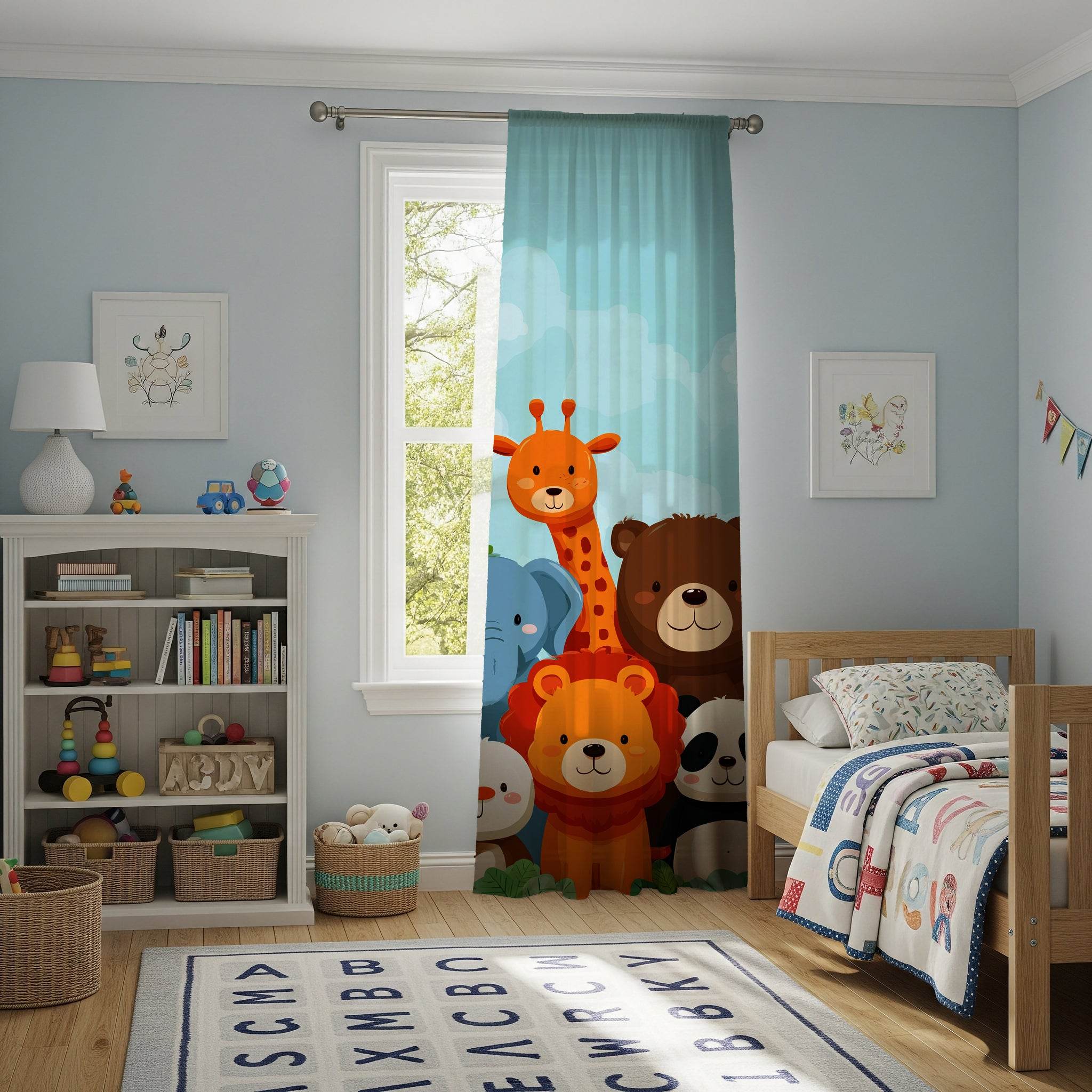 Whimsical Animal Window Curtain, Kids Room Decor, Nursery Drapes, Playroom Curtain, Animal Friends Design - Home Decor -