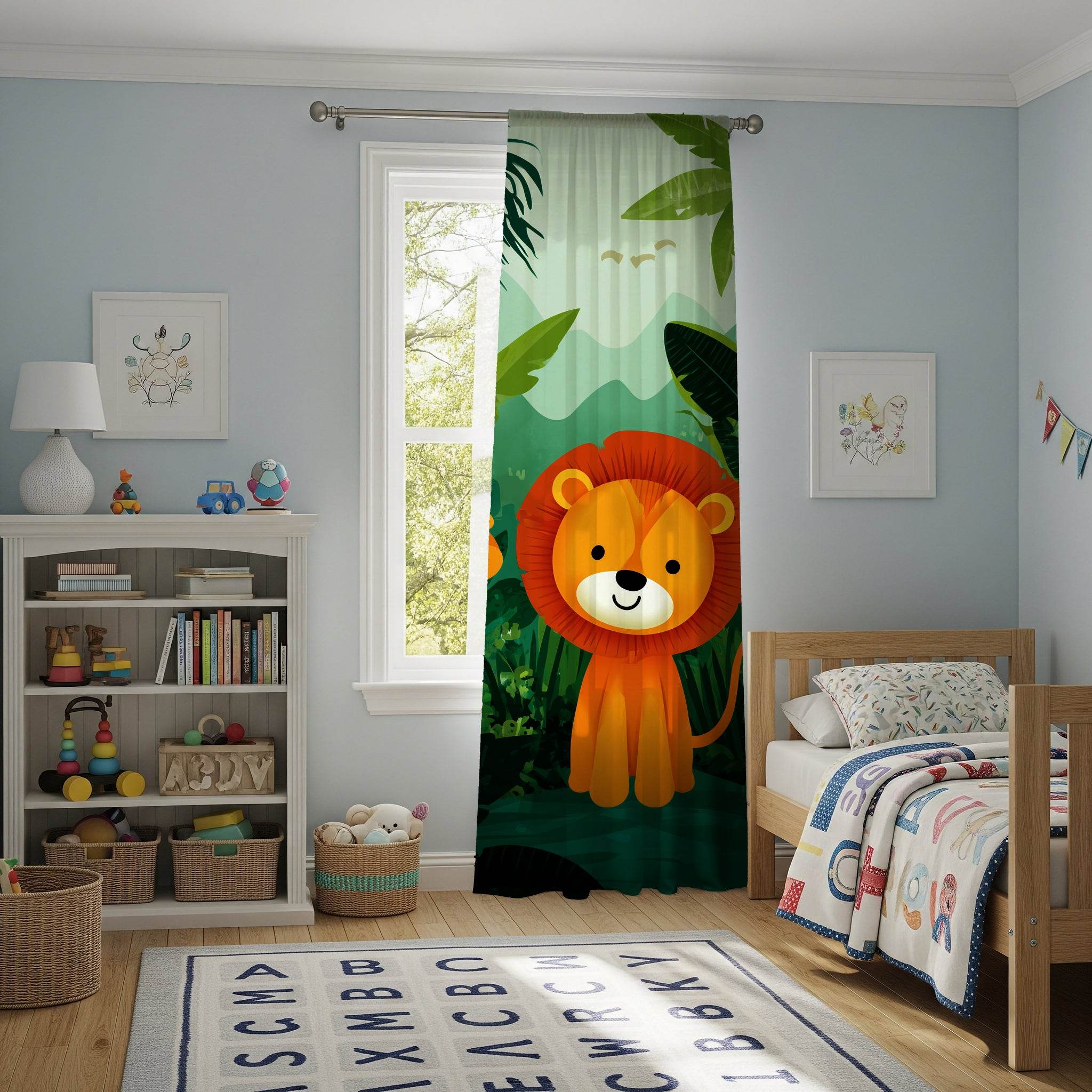 Jungle Animal Window Curtain, Kids Room Decor, Playful Lion Design, Nursery Drapes, Wildlife Theme - Home Decor -
