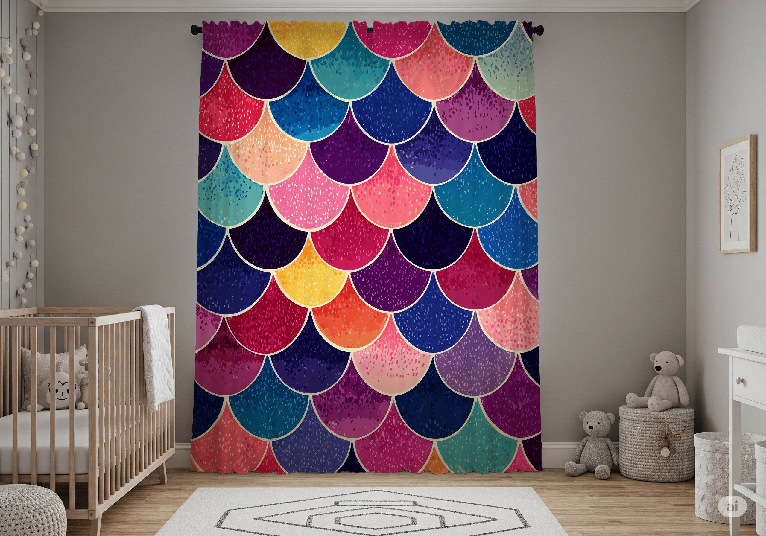 Vibrant Mermaid Scales Window Curtain | Boho Chic Home Decor, Colorful Curtain Panel, Nautical Theme Curtains, Beach House Style - Home Decor -