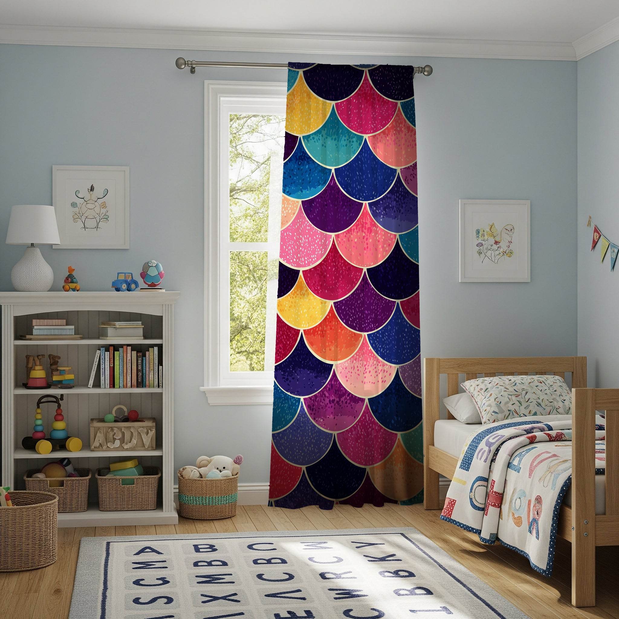 Vibrant Mermaid Scales Window Curtain | Boho Chic Home Decor, Colorful Curtain Panel, Nautical Theme Curtains, Beach House Style - Home Decor -