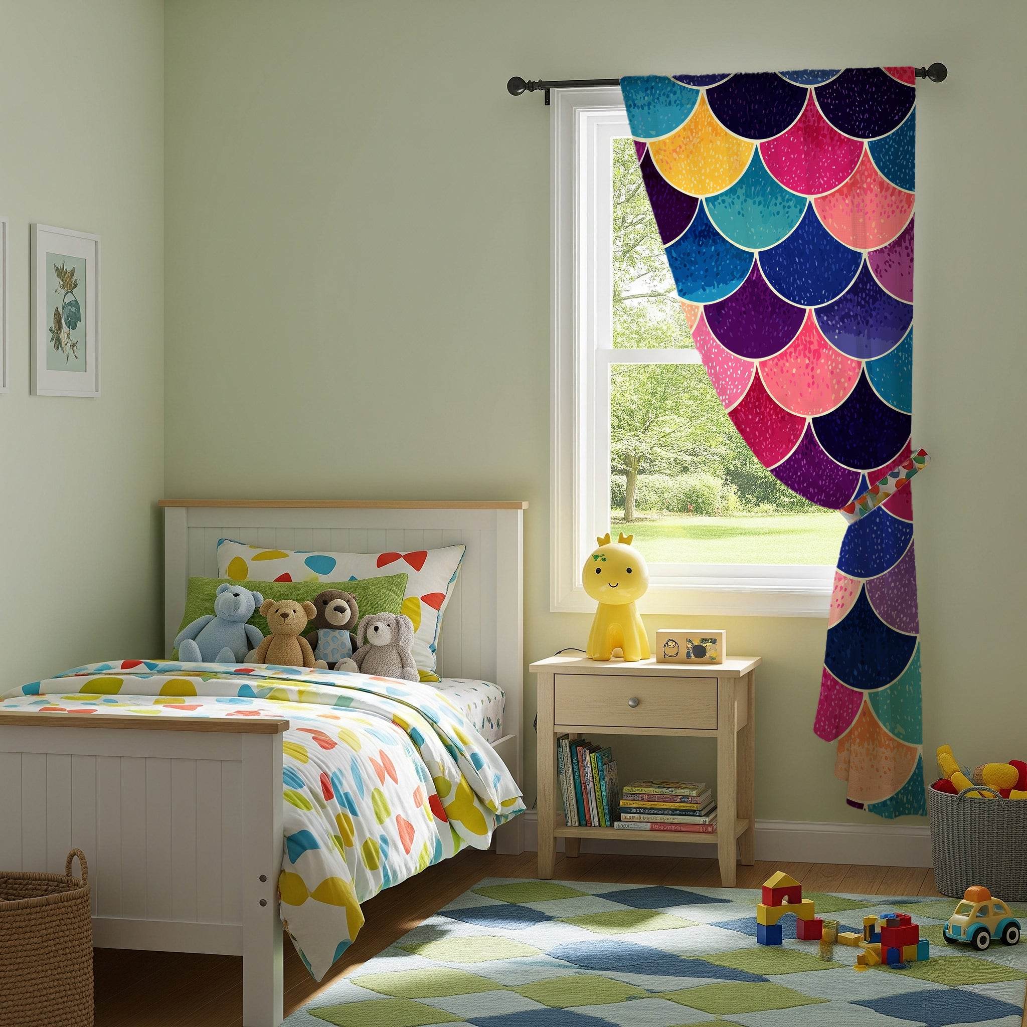 Vibrant Mermaid Scales Window Curtain | Boho Chic Home Decor, Colorful Curtain Panel, Nautical Theme Curtains, Beach House Style - Home Decor -