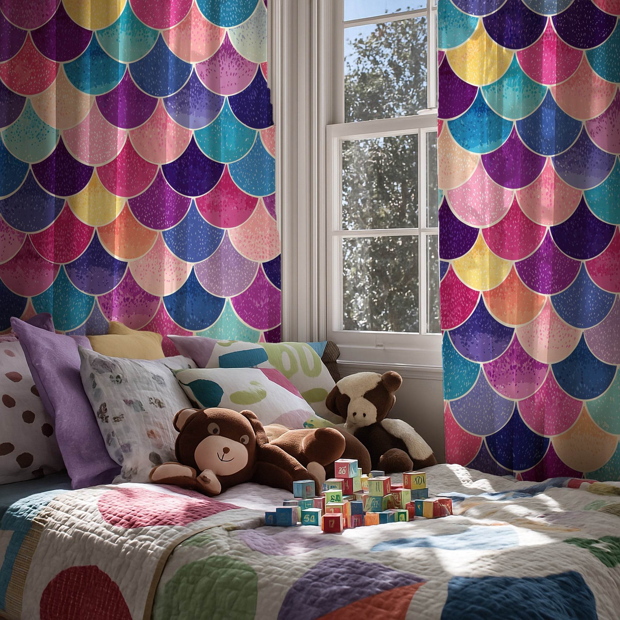 Vibrant Mermaid Scales Window Curtain | Boho Chic Home Decor, Colorful Curtain Panel, Nautical Theme Curtains, Beach House Style - Home Decor -