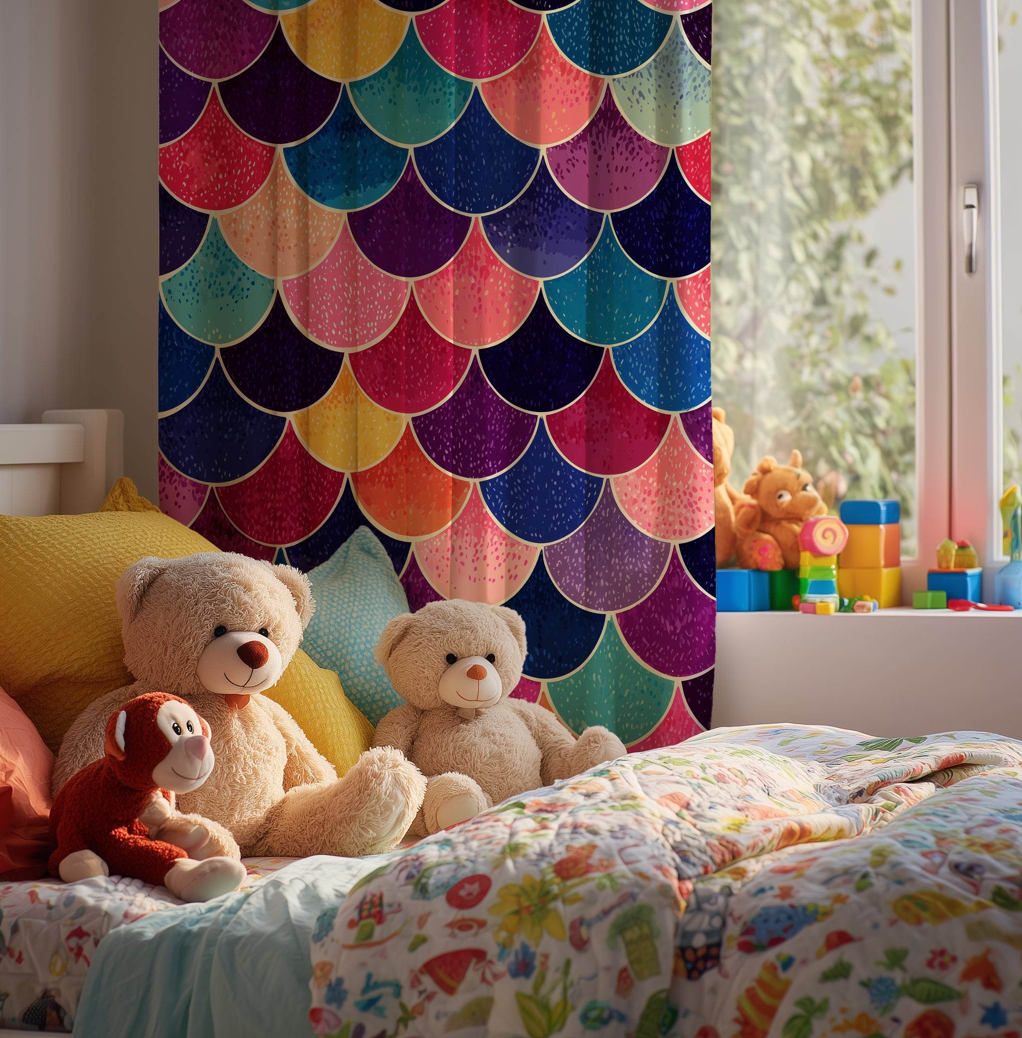 Vibrant Mermaid Scales Window Curtain | Boho Chic Home Decor, Colorful Curtain Panel, Nautical Theme Curtains, Beach House Style - Home Decor -