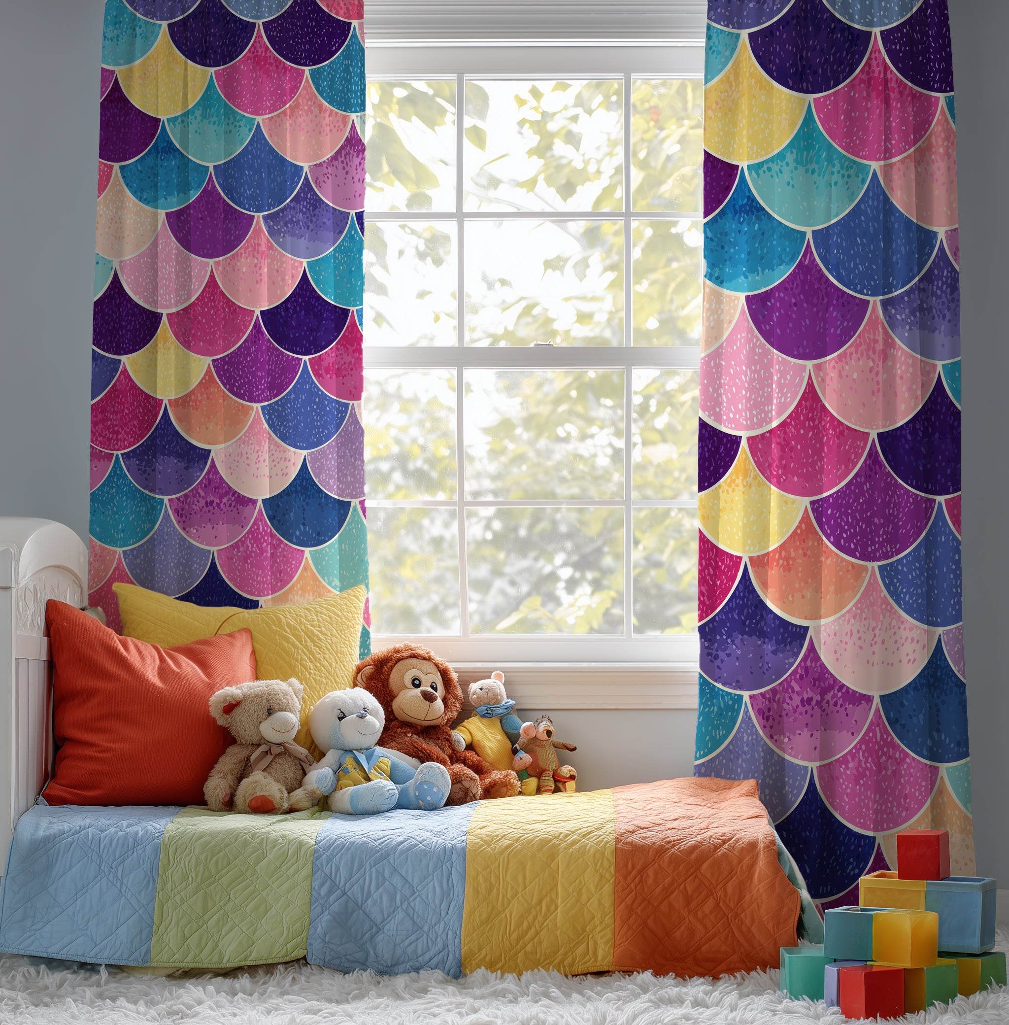 Vibrant Mermaid Scales Window Curtain | Boho Chic Home Decor, Colorful Curtain Panel, Nautical Theme Curtains, Beach House Style - Home Decor -