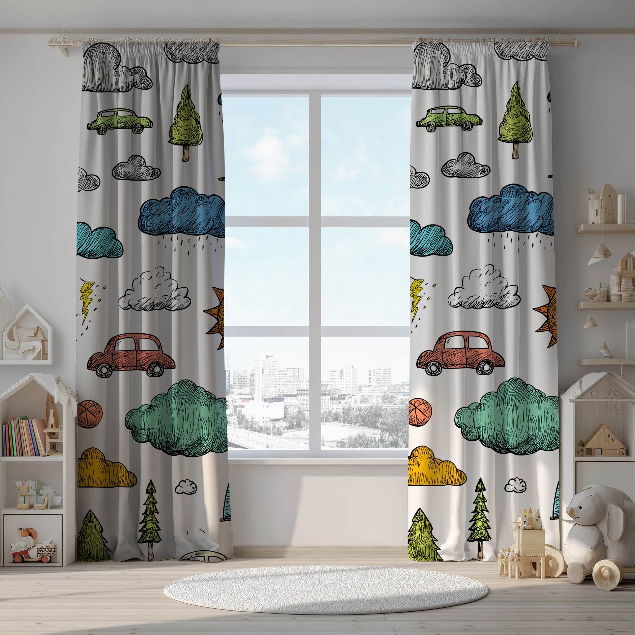 Colorful Hand-Drawn Car & Cloud Window Curtain - Home Decor -