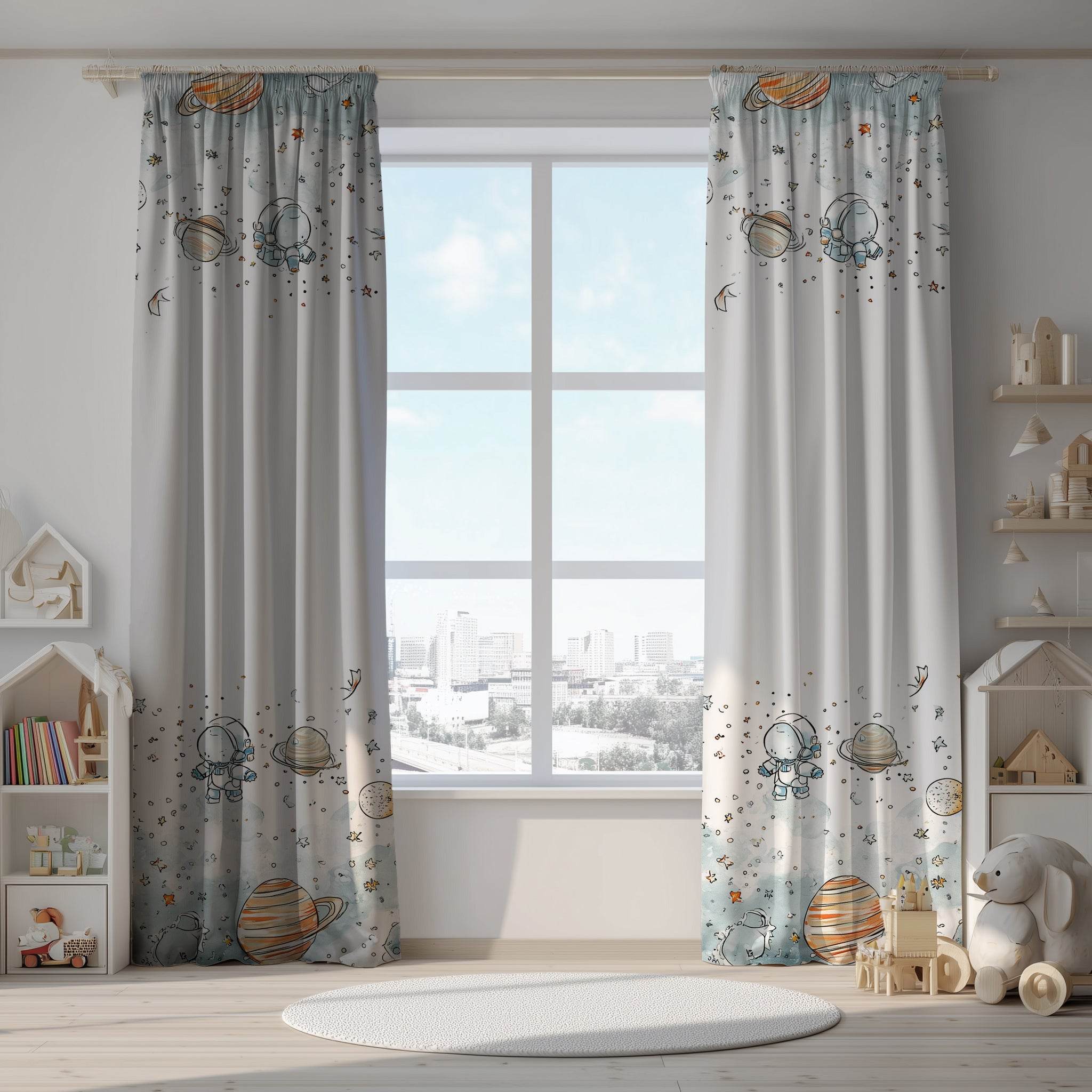 Whimsical Spaceman & Planet Window Curtain with a Touch of Color - Home Decor -