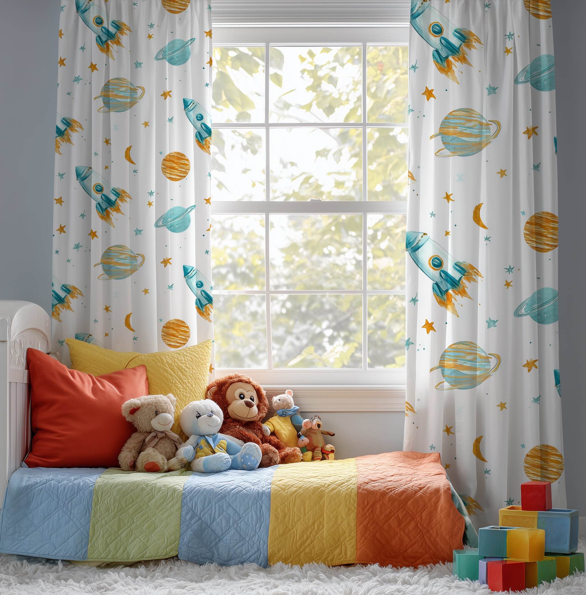 Rocket Adventure Window Curtain - Kids Room Decor, Space Theme, Planetary Plants, Nursery, Child’s Bedroom, Gift for Astronaut Lovers - Home Decor -