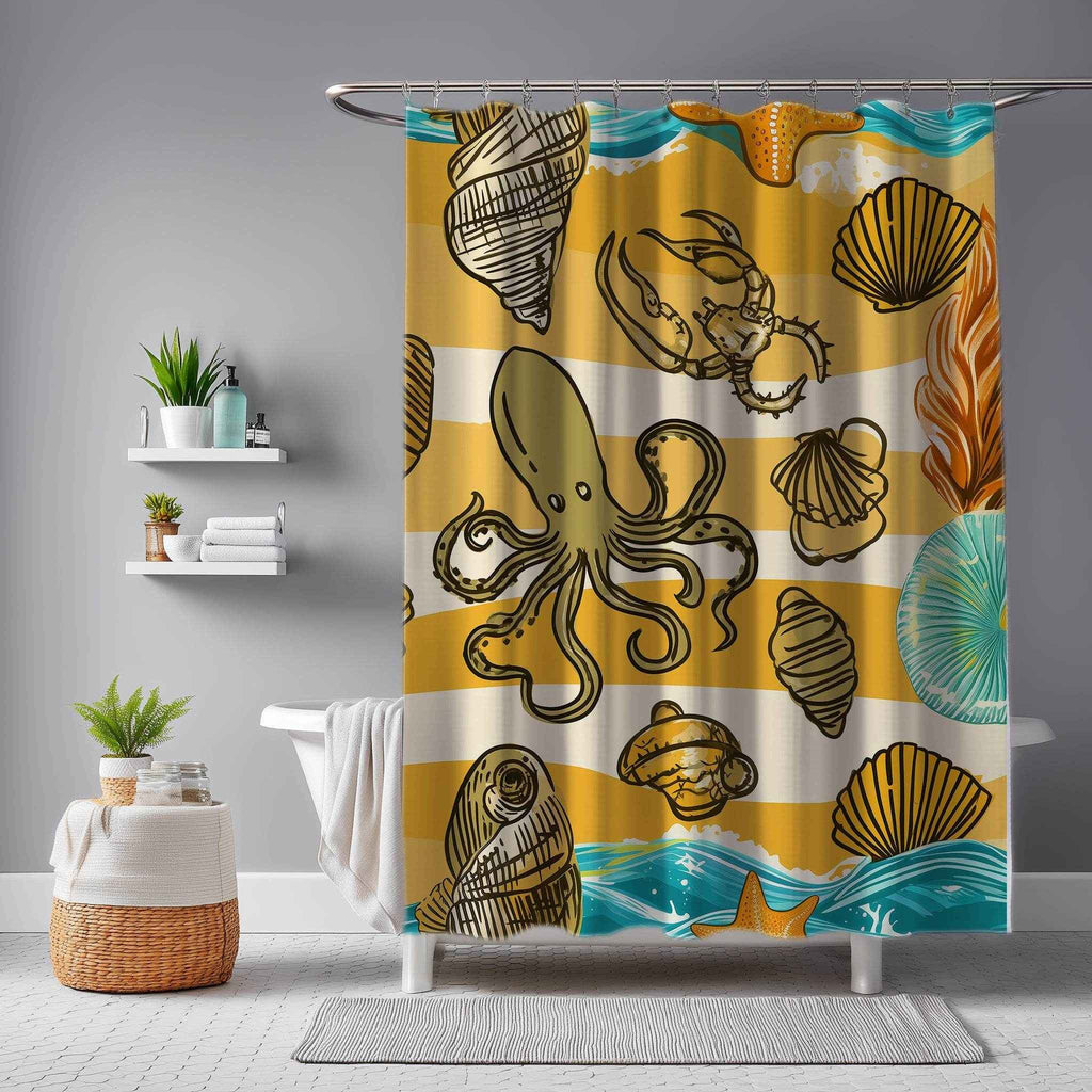 Ocean-Inspired Shower Curtain with Seashell and Octopus Design