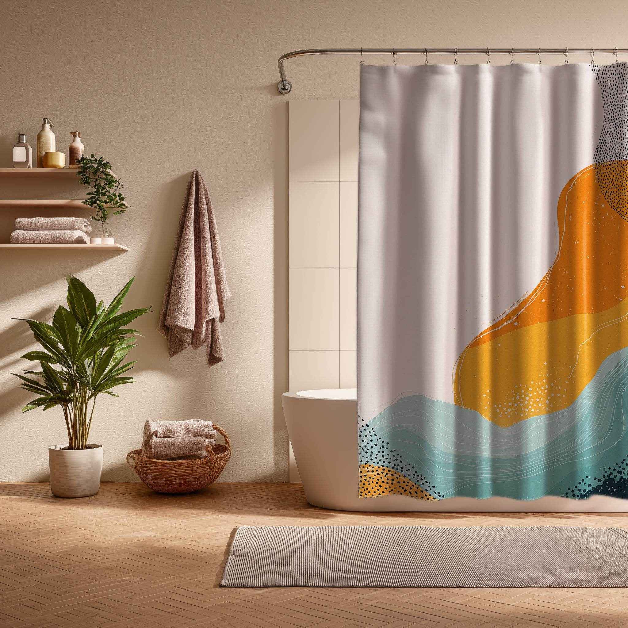 Abstract Boho Shower Curtain - Vibrant Bathroom Decor, Modern Design, Bohemian Style, Unique Gift Idea, Home Essentials, Colorful Bath [...]
