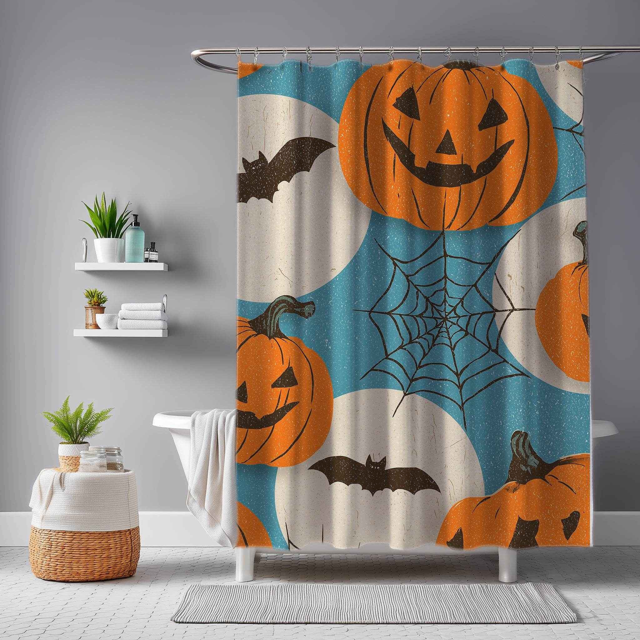 Halloween Bat and Pumpkin Shower Curtain, Spooky Bathroom Decor, Holiday Home Accent, Fall Festival Style, Unique Gift Idea