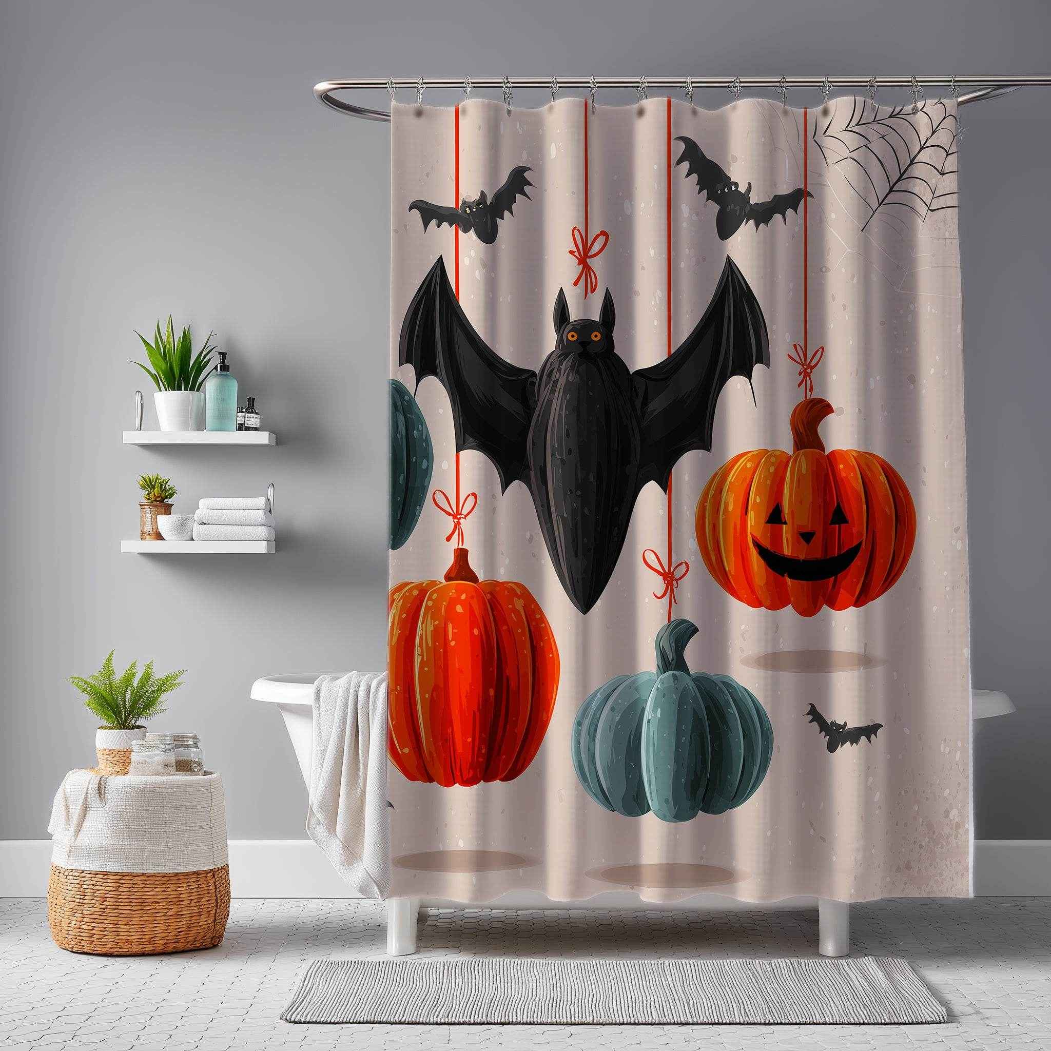 Spooky Halloween Shower Curtain, Autumn Decor, Bat and Pumpkin Design, Bathroom Décor, Fall Celebration, Haunted House