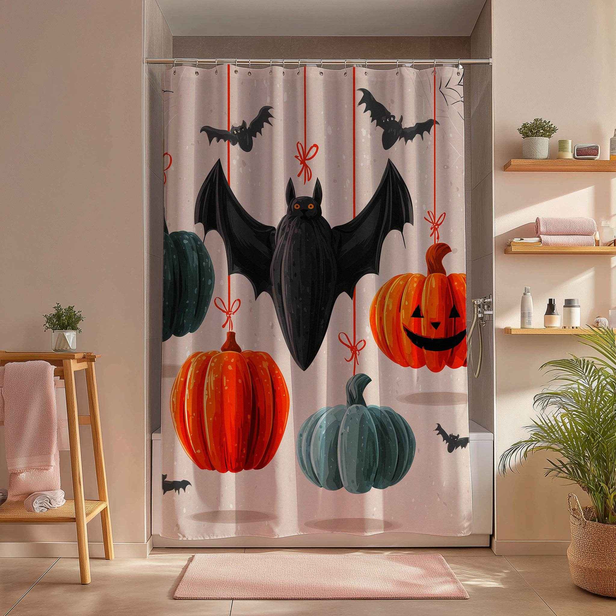 Spooky Halloween Shower Curtain, Autumn Decor, Bat and Pumpkin Design, Bathroom Décor, Fall Celebration, Haunted House