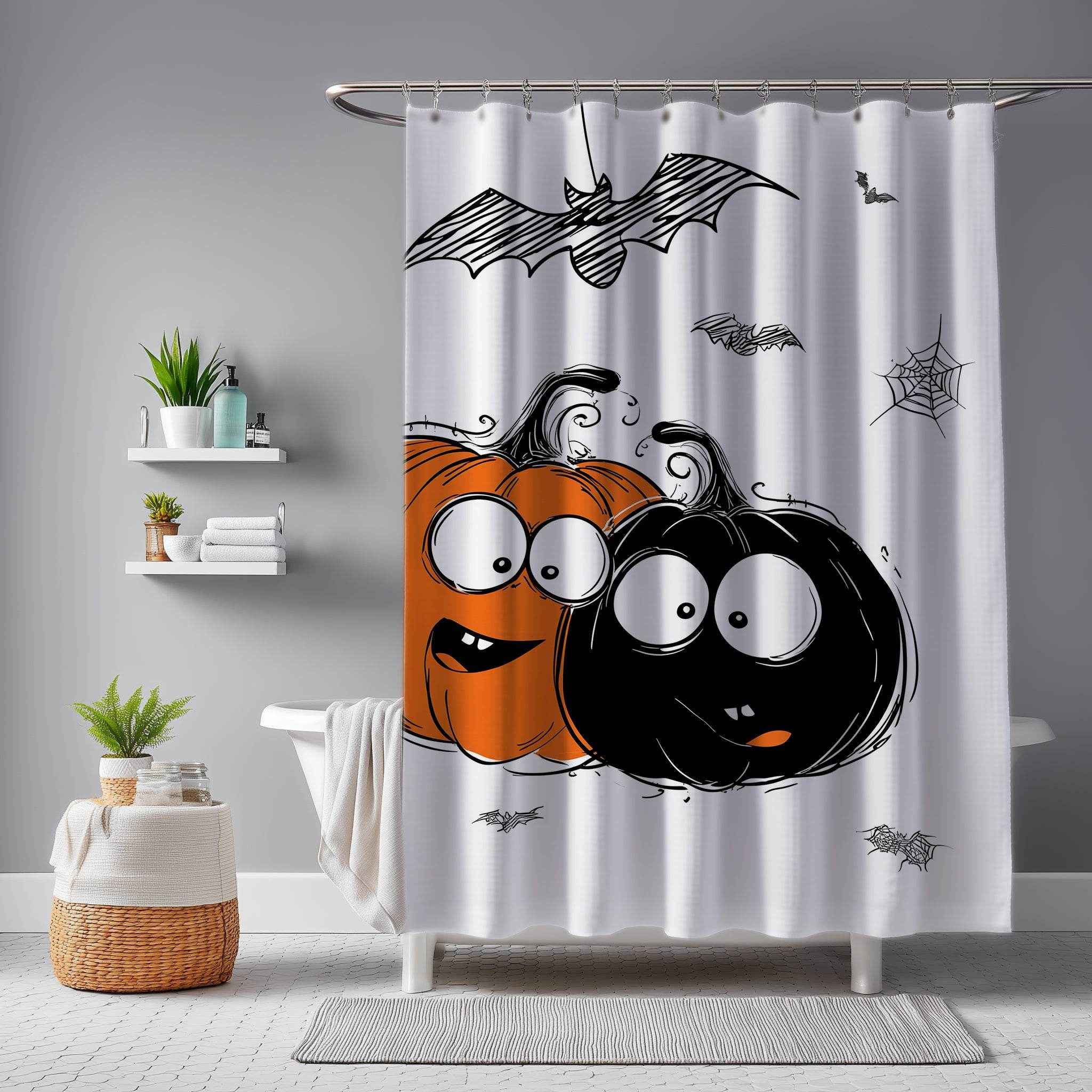 Halloween Themed Shower Curtain, Cute Pumpkin and Bat Decor, Spooky Bathroom Accessory, Fall Holiday Gift, Autumn Home Decor