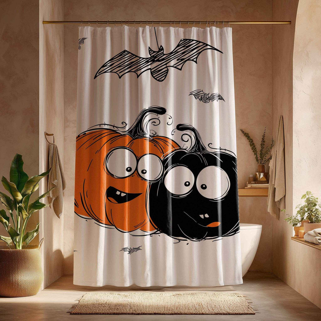 Halloween Themed Shower Curtain, Cute Pumpkin and Bat Decor, Spooky Bathroom Accessory, Fall Holiday Gift, Autumn Home Decor