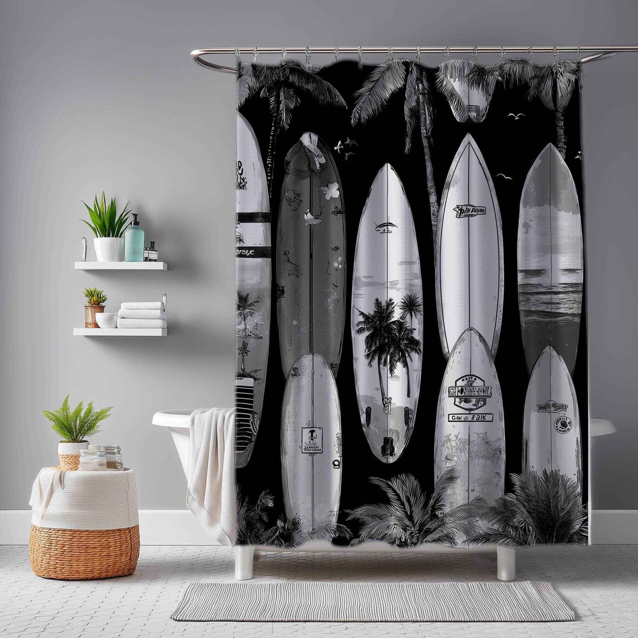 Surfboard Shower Curtain, Beach Decor, Tropical Bathroom Accessories, Surfing Theme, Ideal Gift for Surfers