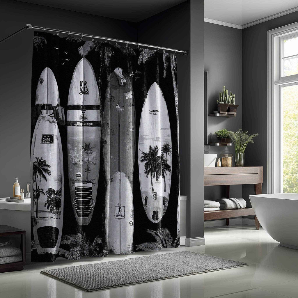 Surfboard Shower Curtain, Beach Decor, Tropical Bathroom Accessories, Surfing Theme, Ideal Gift for Surfers