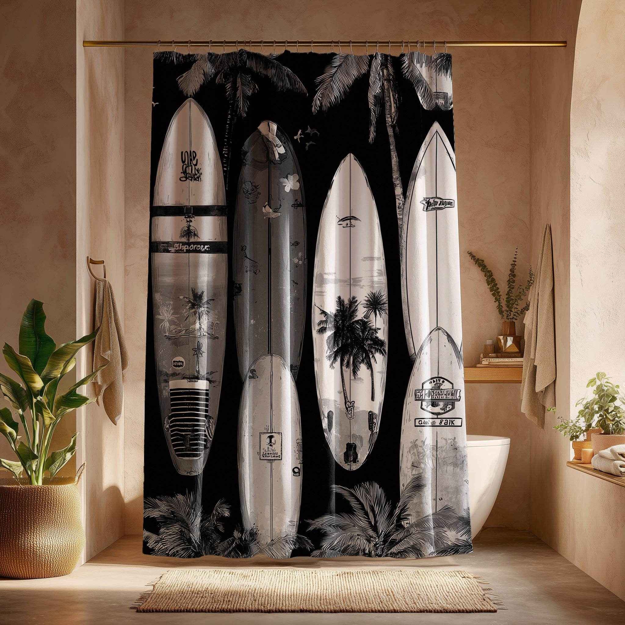 Surfboard Shower Curtain, Beach Decor, Tropical Bathroom Accessories, Surfing Theme, Ideal Gift for Surfers