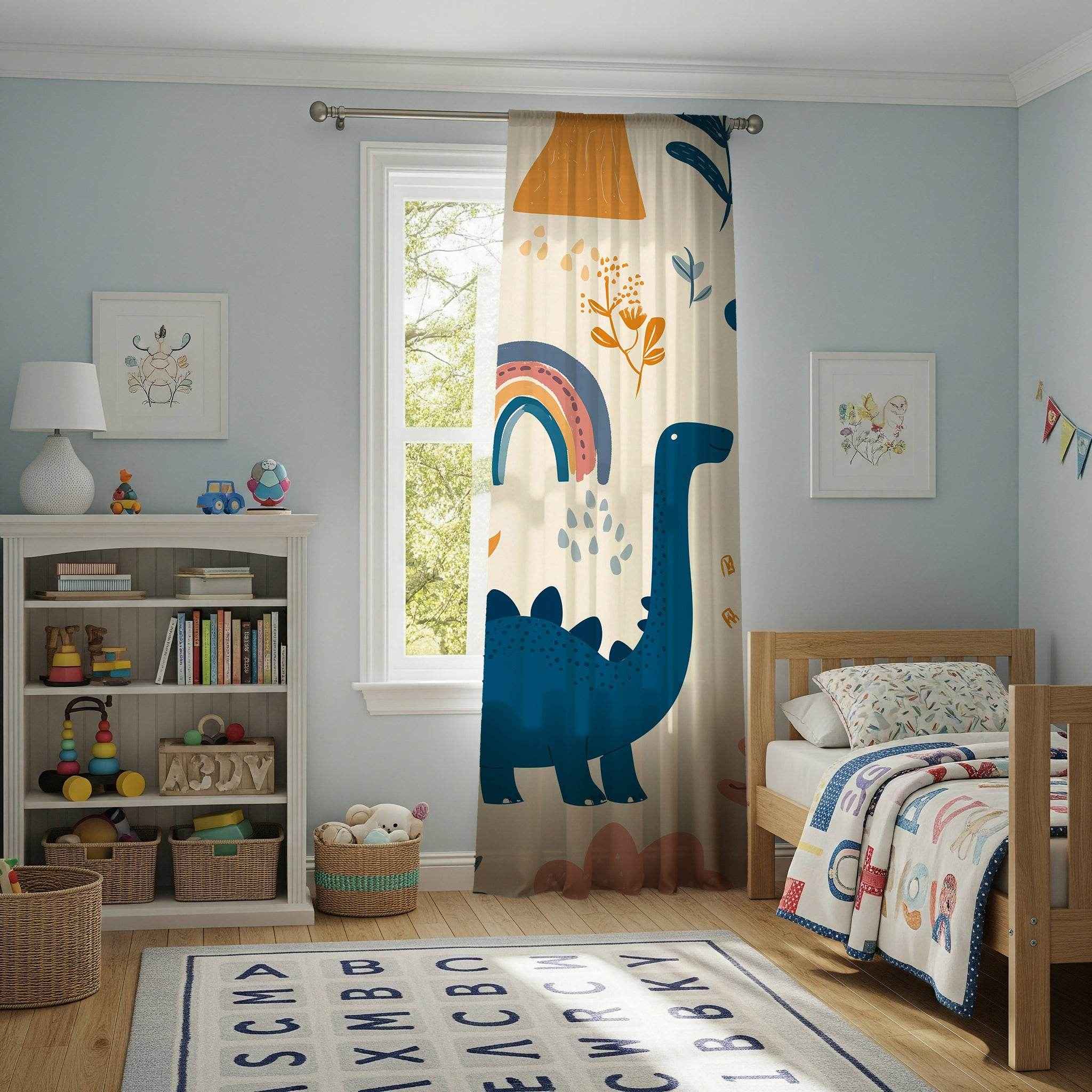 Dinosaur Window Curtain - Playful Kids Room Decor, Child's Bedroom, Nursery Drapes, Colorful Curtains for Dinosaurs Lovers