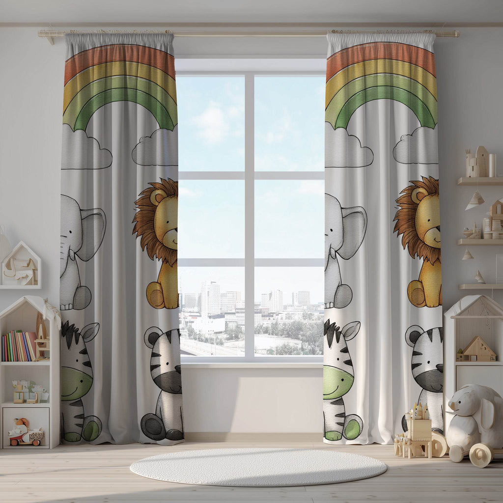 Whimsical Animal Window Curtain with Rainbow Design, Kids Room Decor, Nursery Curtains, Playroom Window Treatment, Cute Animal Prints - Home Decor -