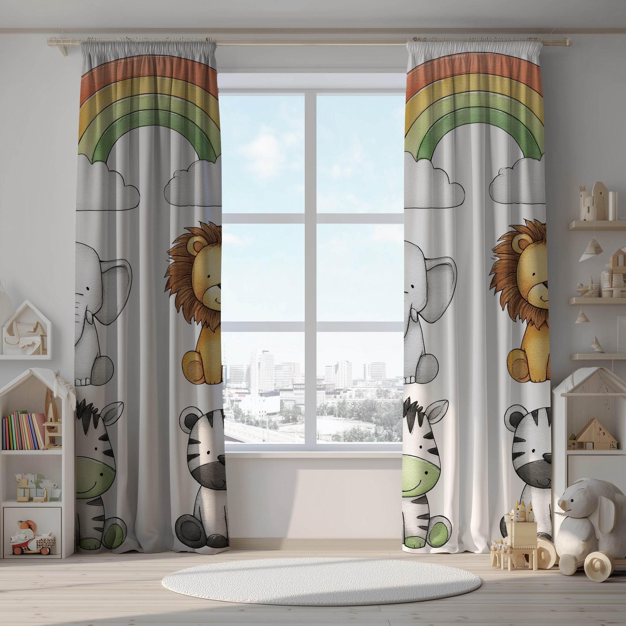 Whimsical Animal Window Curtain with Rainbow Design, Kids Room Decor, Nursery Curtains, Playroom Window Treatment, Cute Animal Prints - Home Decor -