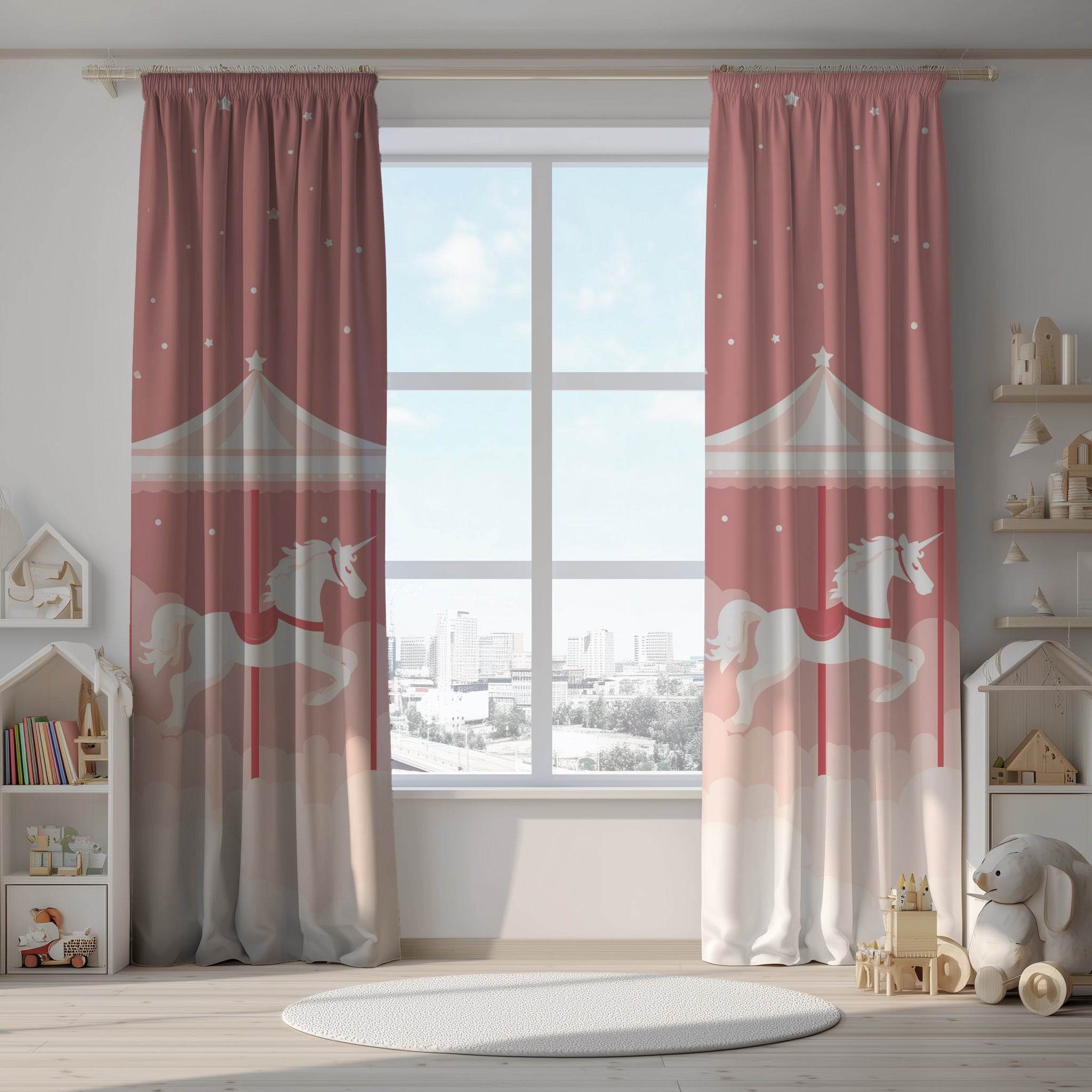 Whimsical Unicorn Carousel Window Curtain, Kids Room Decor, Nursery Curtains, Fairy Tale Decor, Magical Home Accessories - Home Decor -