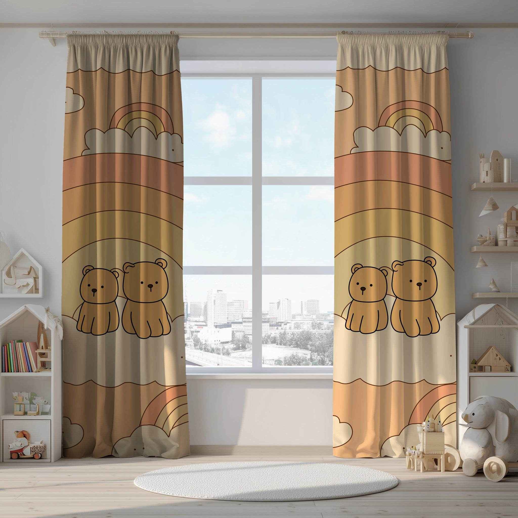Cute Bear Rainbow Window Curtain, Child's Room Decor, Nursery Curtains, Playroom Drapes, Soft Pastel Home Accessories
