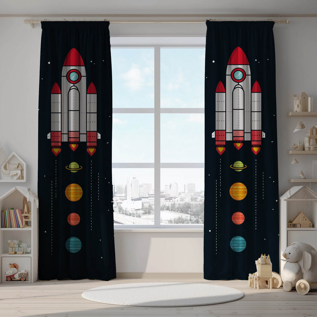 Rocket Ship Window Curtain, Space Theme Drapes, Kids Room Decor, Playroom Curtains, NASA Inspired Home Accessories - Home Decor -