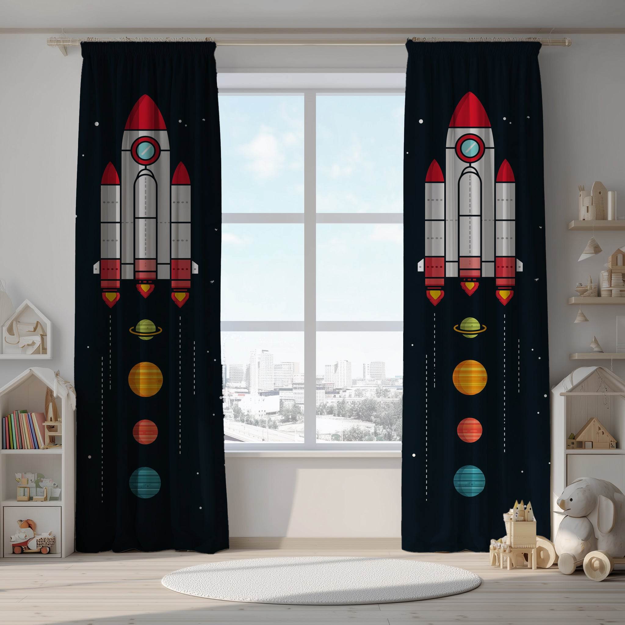 Rocket Ship Window Curtain, Space Theme Drapes, Kids Room Decor, Playroom Curtains, NASA Inspired Home Accessories - Home Decor -