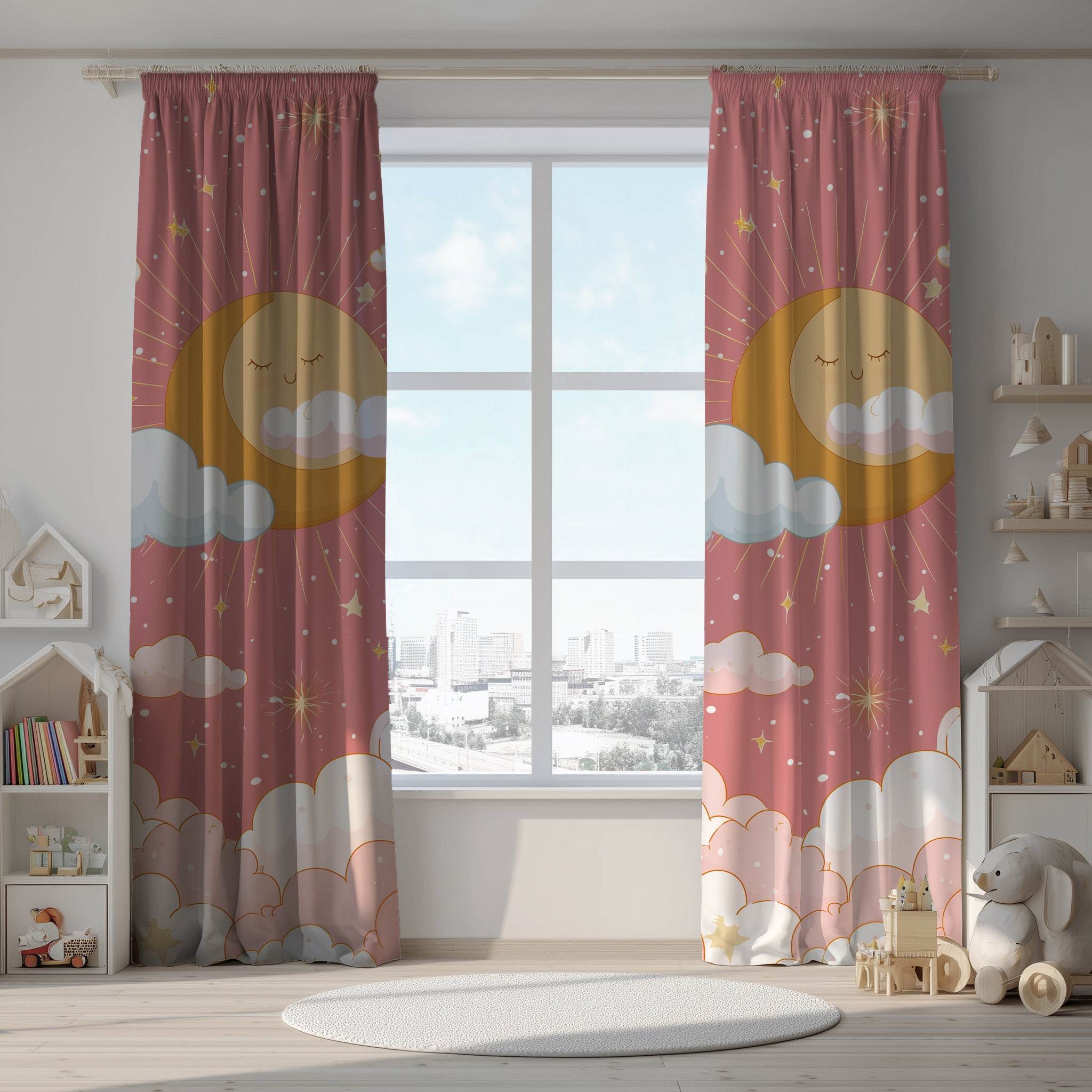 Whimsical Sun and Clouds Window Curtain, Nursery Decor, Kids Room, Playroom, Home Decor, Bright and Cheerful - Home Decor -