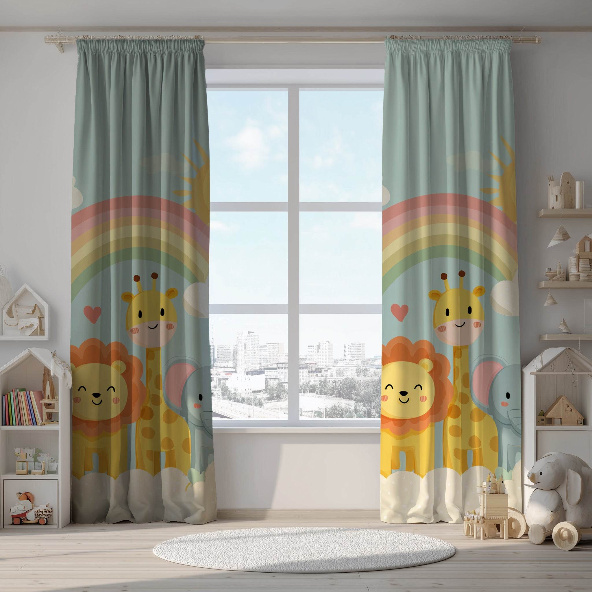 Playful Animal Window Curtain, Kid's Room Decor, Nursery Curtains, Rainbow Theme Drapes, Children's Bedroom Accessories - Home Decor -