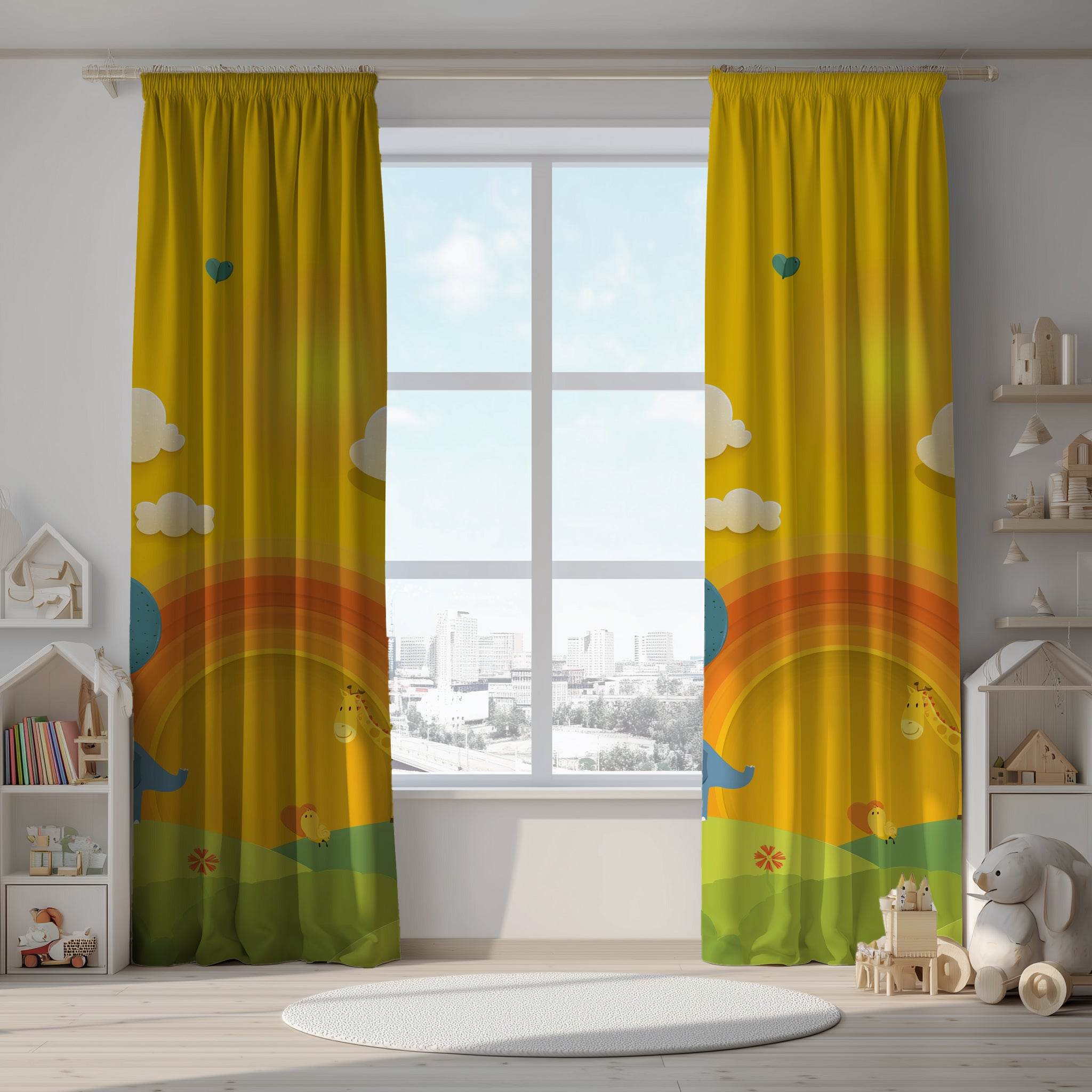 Whimsical Animal Window Curtain, Children's Room Decor, Playroom Curtain Panel, Rainbow Theme, Nursery Window Treatment - Home Decor -
