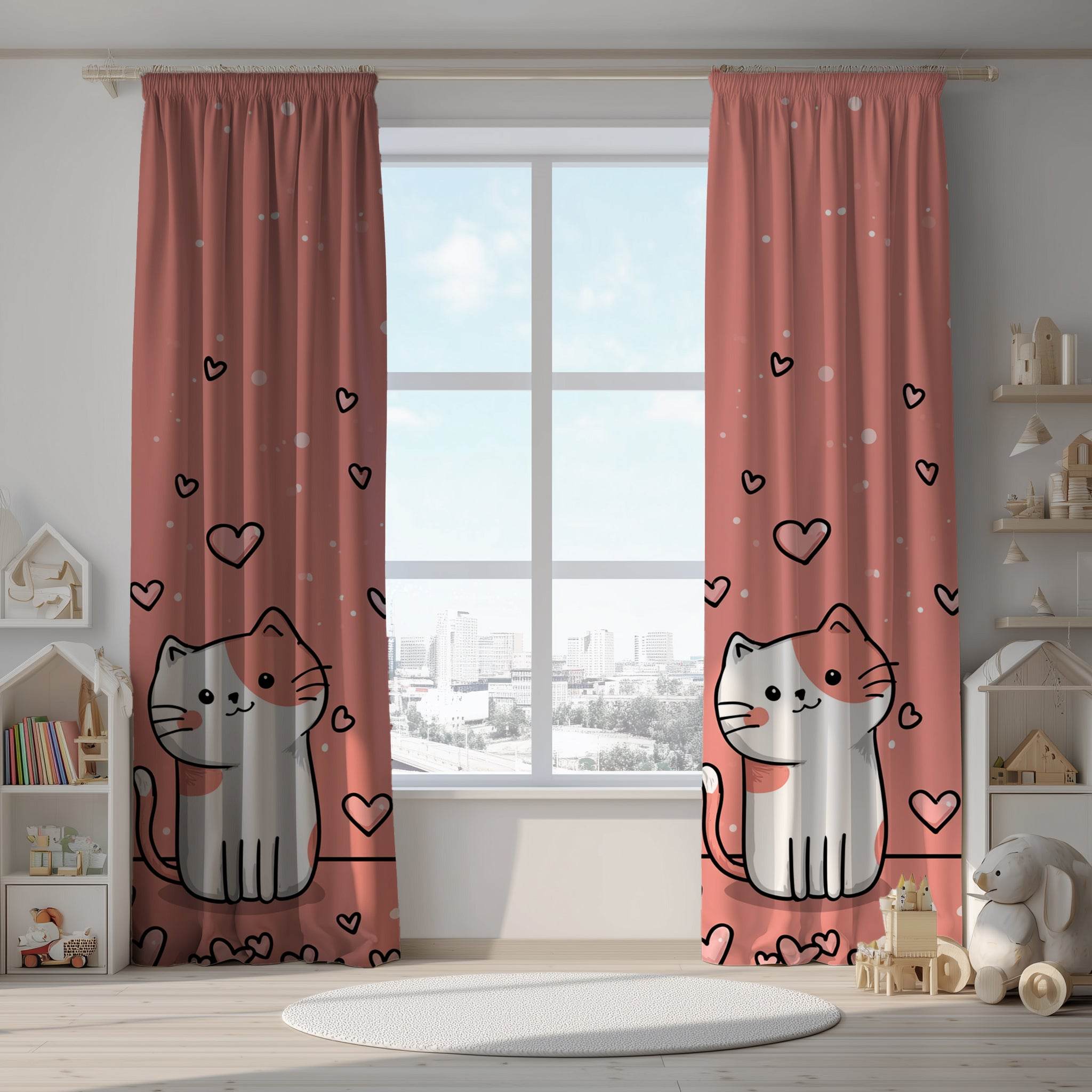 Cute Cat Love Window Curtain, Adorable Home Decor, Cat Lovers Gift, Cozy Living Space Accessory, Valentine's Day Decoration - Home Decor -