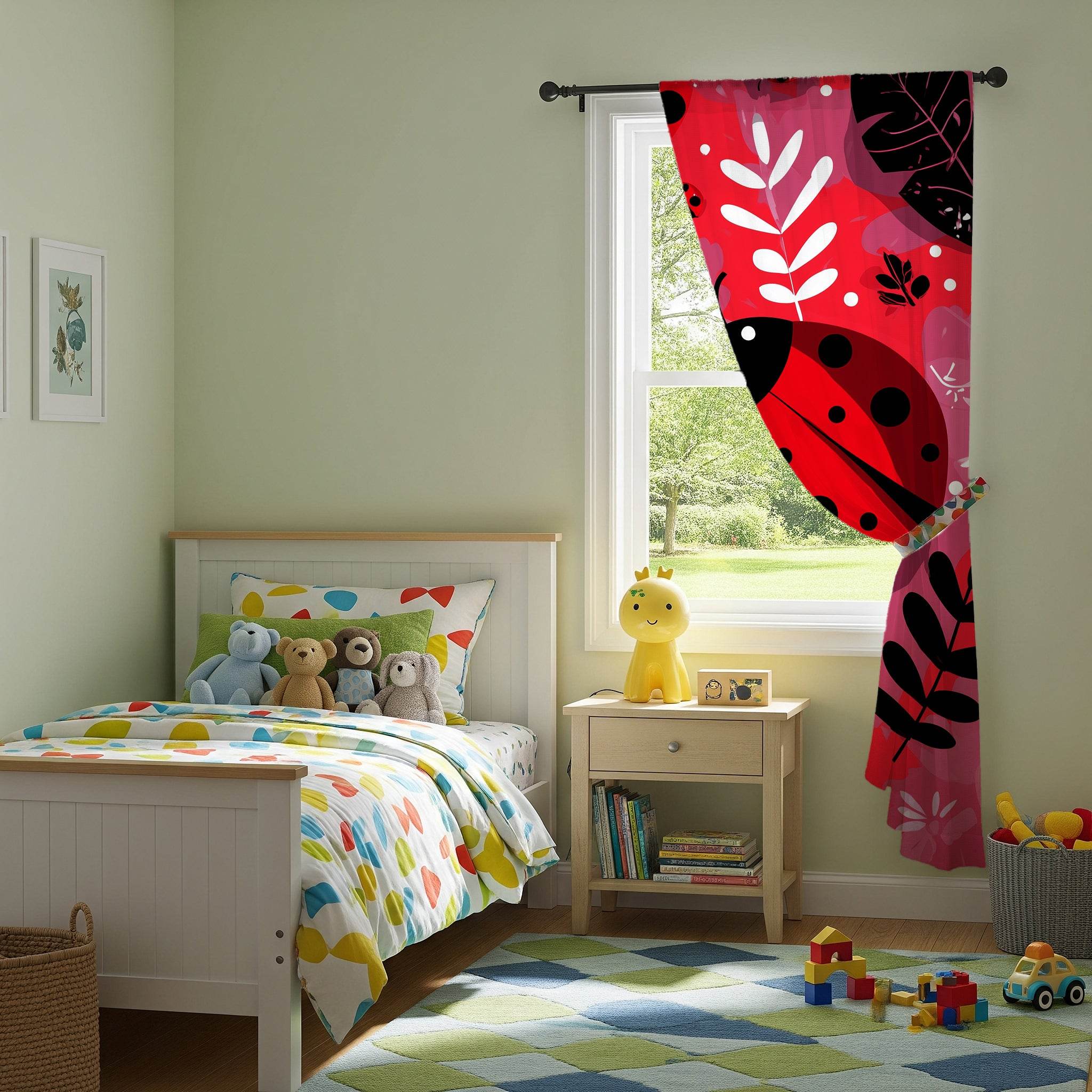 Colorful Ladybug Window Curtain, Botanical Decor, Kids Room, Home Decor, Spring/Summer Vibes, Room Decoration - Home Decor -