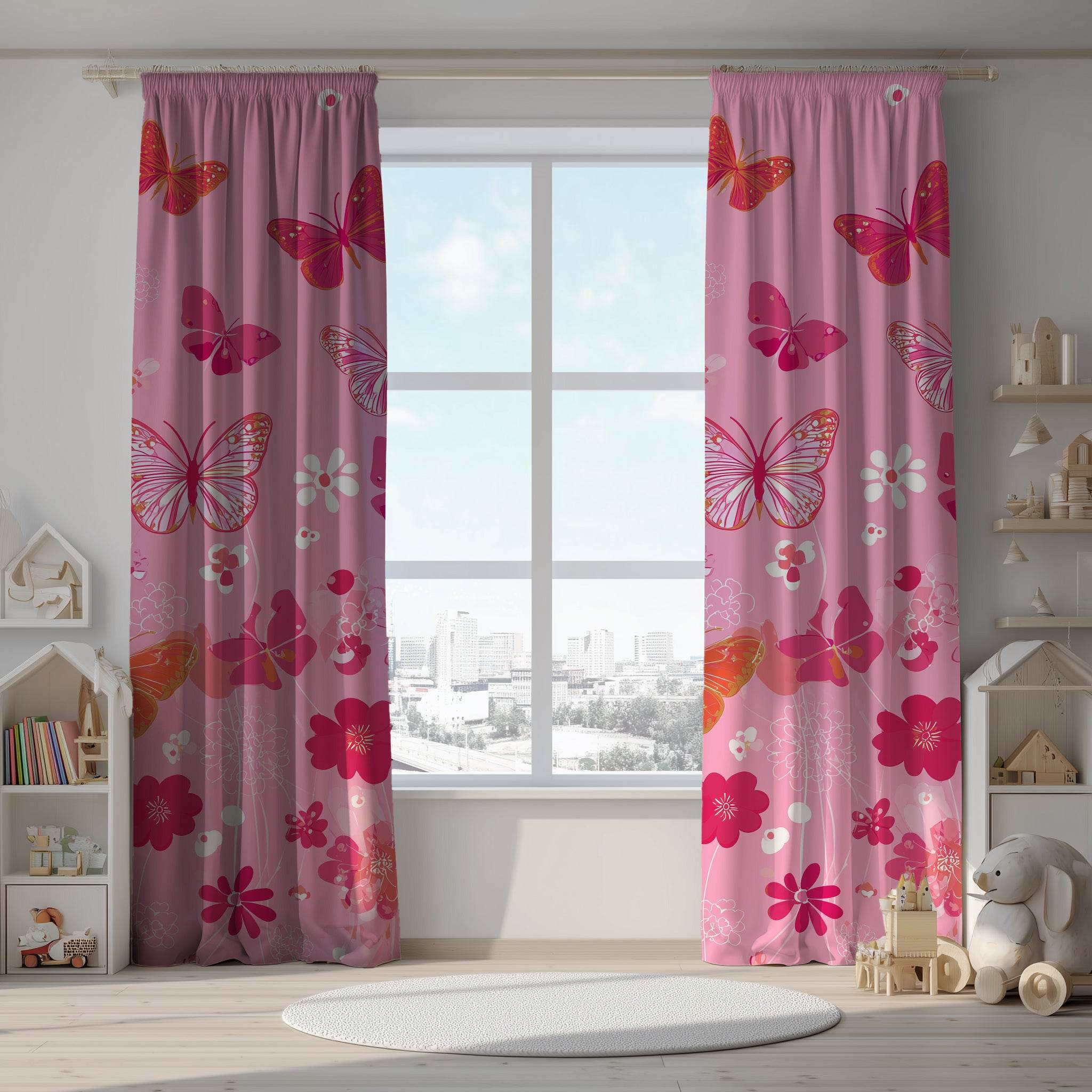 Whimsical Butterfly Window Curtain | Kids Room Decor, Pink Drapes, Floral Home Accent, Spring Decor, Butterfly Pattern - Home Decor -