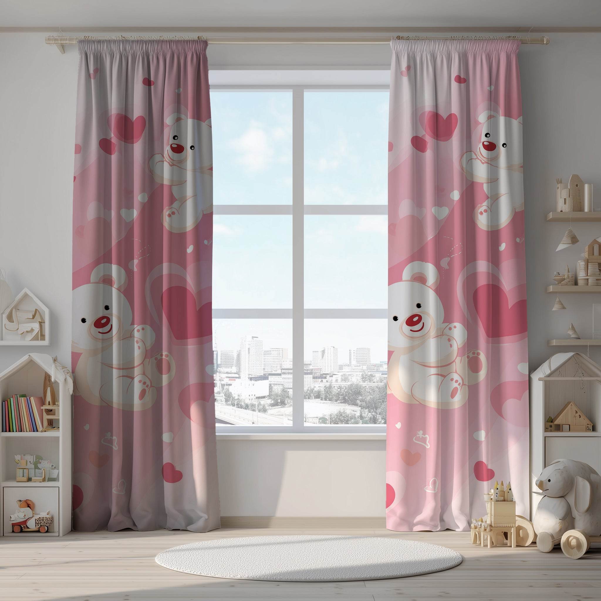 Adorable Bear Love Window Curtain, Cute Nursery Decor, Kids Room, Valentine Gift, Heart Theme, Playful Design - Home Decor -