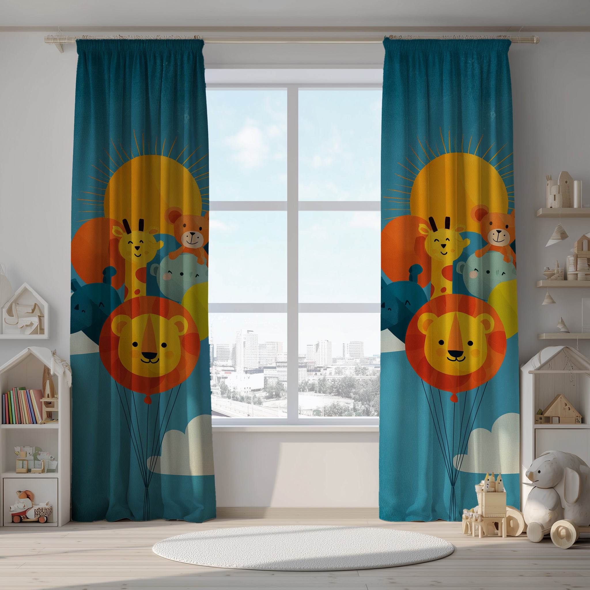 Whimsical Kids' Window Curtain with Animal Balloons, Adorable Home Decor for Nursery, Playroom, Baby Shower Gift, Cute Curtain - Home Decor -