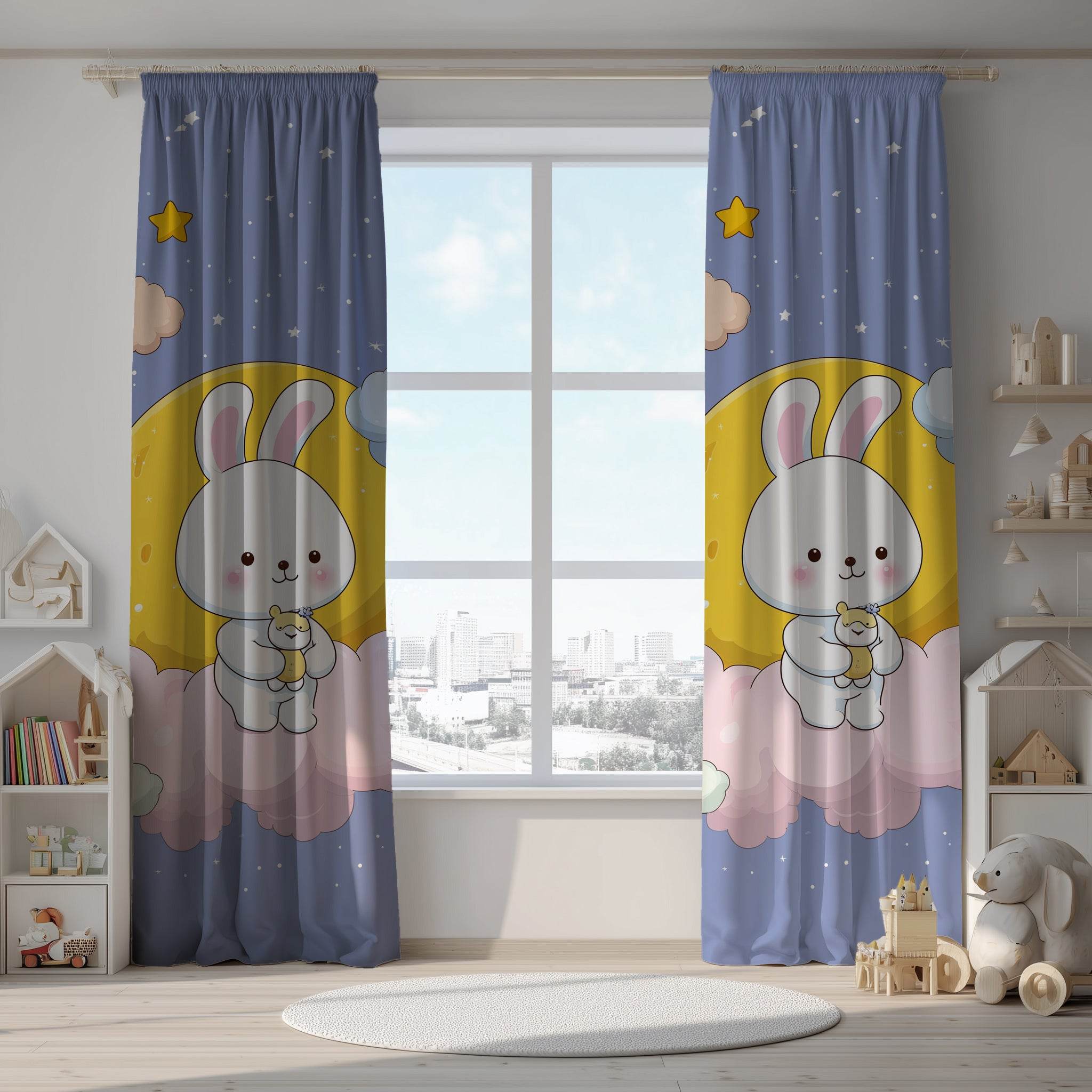 Cute Bunny Nursery Window Curtain, Kids Bedroom Decor, Soft Pastel Curtains, Baby Shower Gift, Childrens Room Accessories - Home Decor -