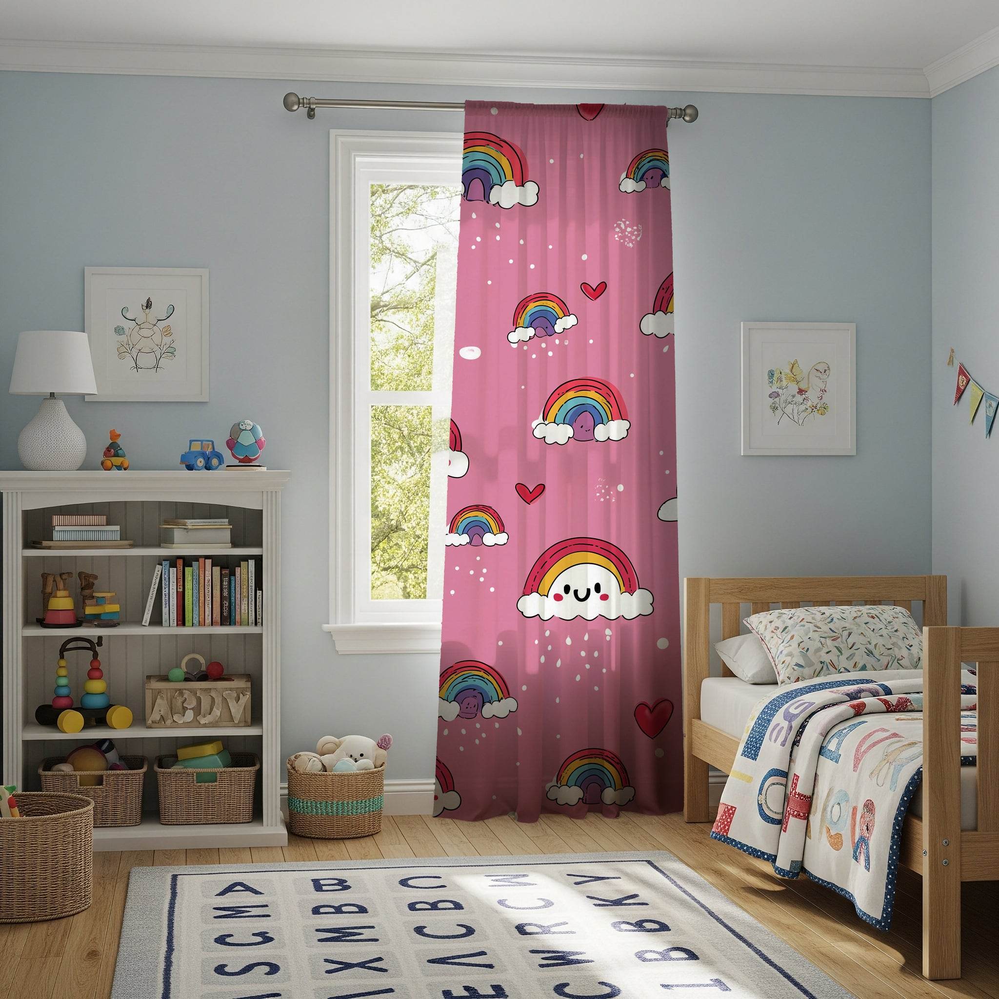 Cute Rainbow Window Curtain, Kids Room Decor, Pastel Curtains, Gift for Nursery, Playroom Window Treatment - Home Decor -
