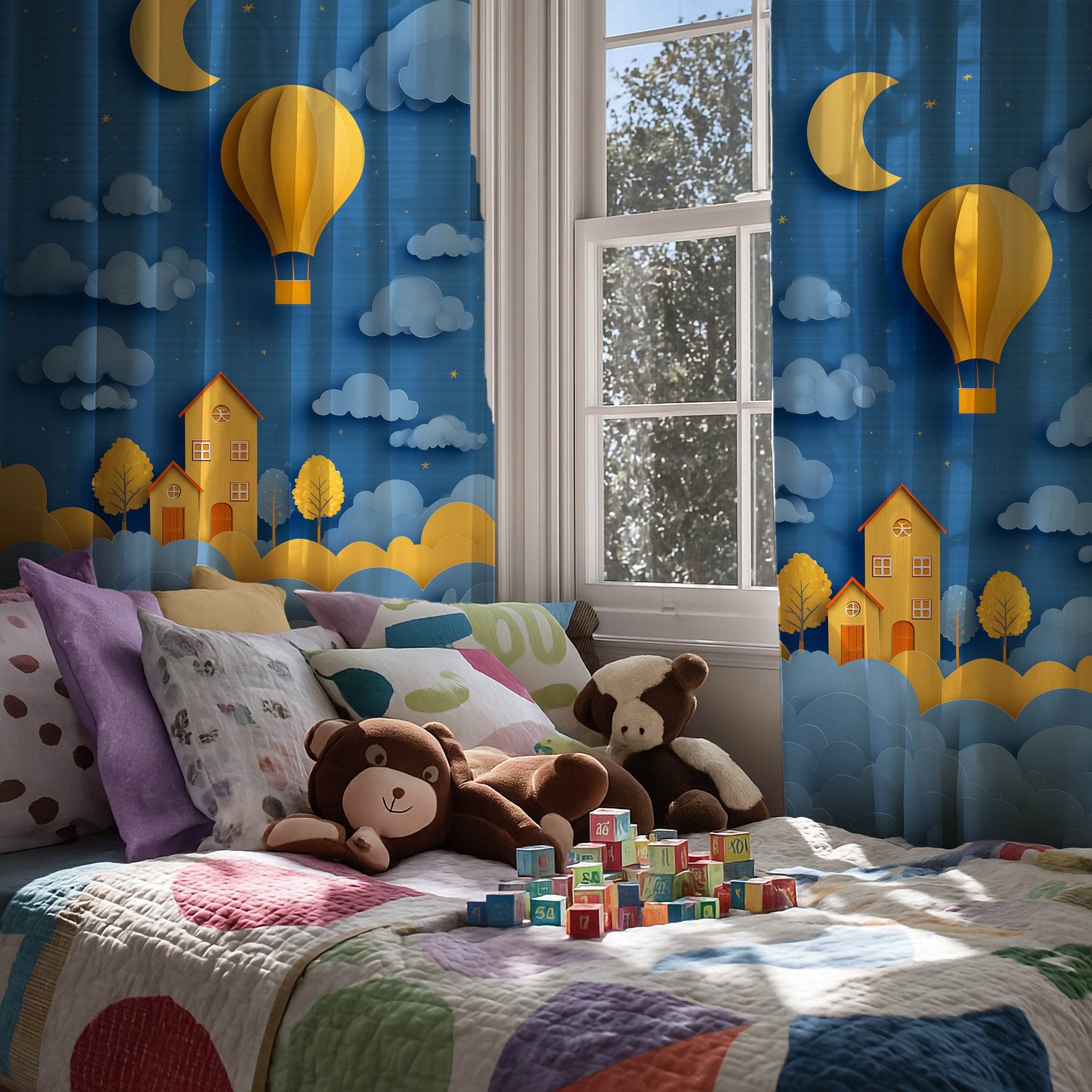Whimsical Hot Air Balloon Window Curtain, Dreamy Nursery Decor, Kids Room Window Treatment, Light Filter, Playful Atmosphere, Gift for [...] - Home Decor -