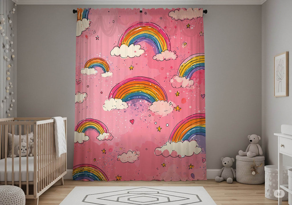 Whimsical Rainbow Window Curtain, Kids Room Decor, Playroom Curtains, Pastel Aesthetic Drapes, Nursery Accessories, Gift for Children - Home Decor -