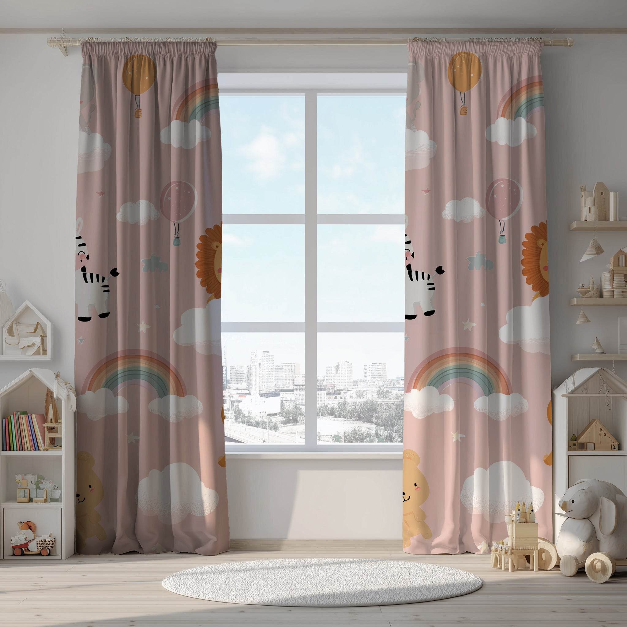Whimsical Animal Nursery Curtain, Baby Shower Decor, Kids Room Shades, Playroom Window Treatment, Colorful Cloud Motif - Home Decor -