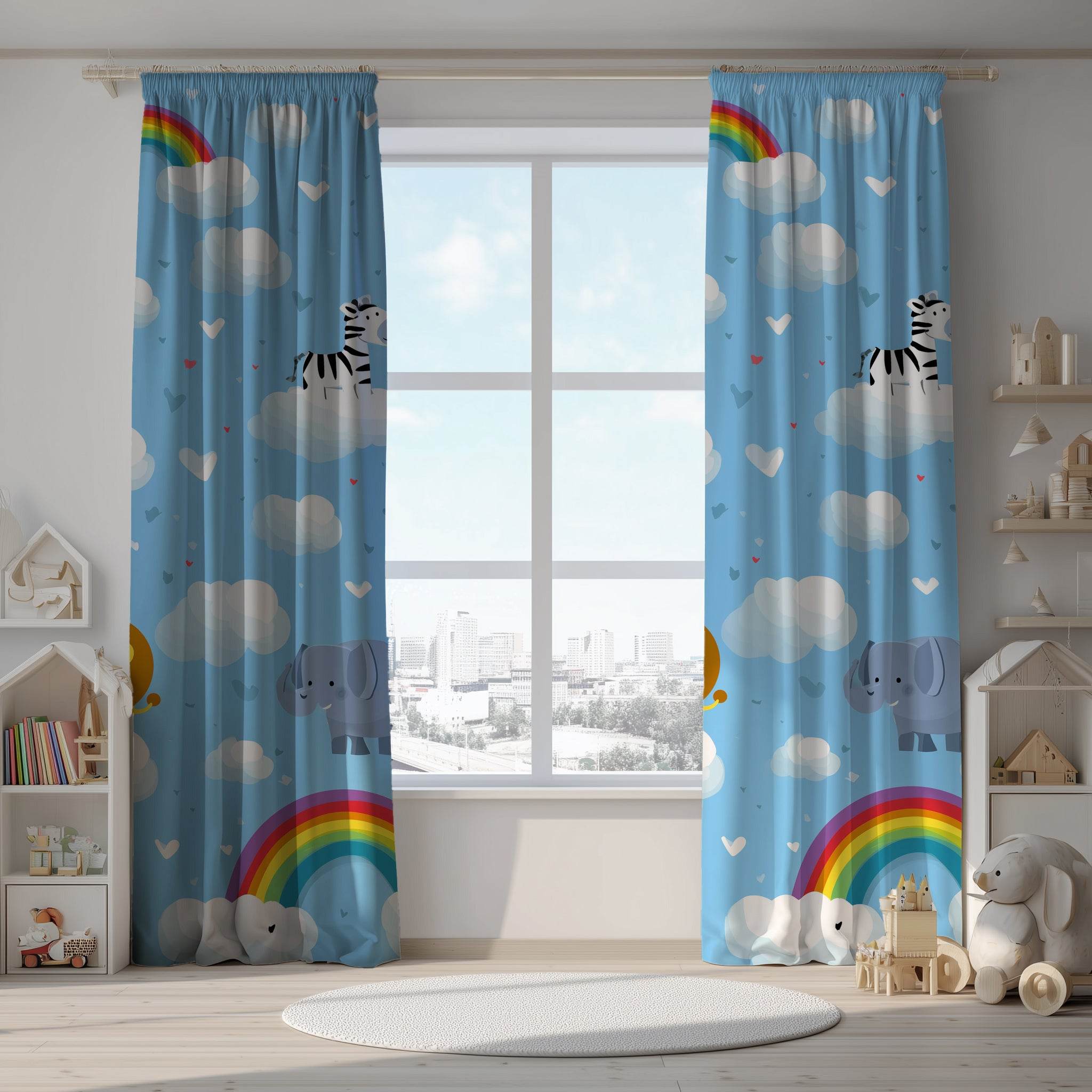 Whimsical Jungle Animal Window Curtain, Kids Room Decor, Nursery Window Treatment, Playful Rainbow Design, Fun Home Accessory - Home Decor -