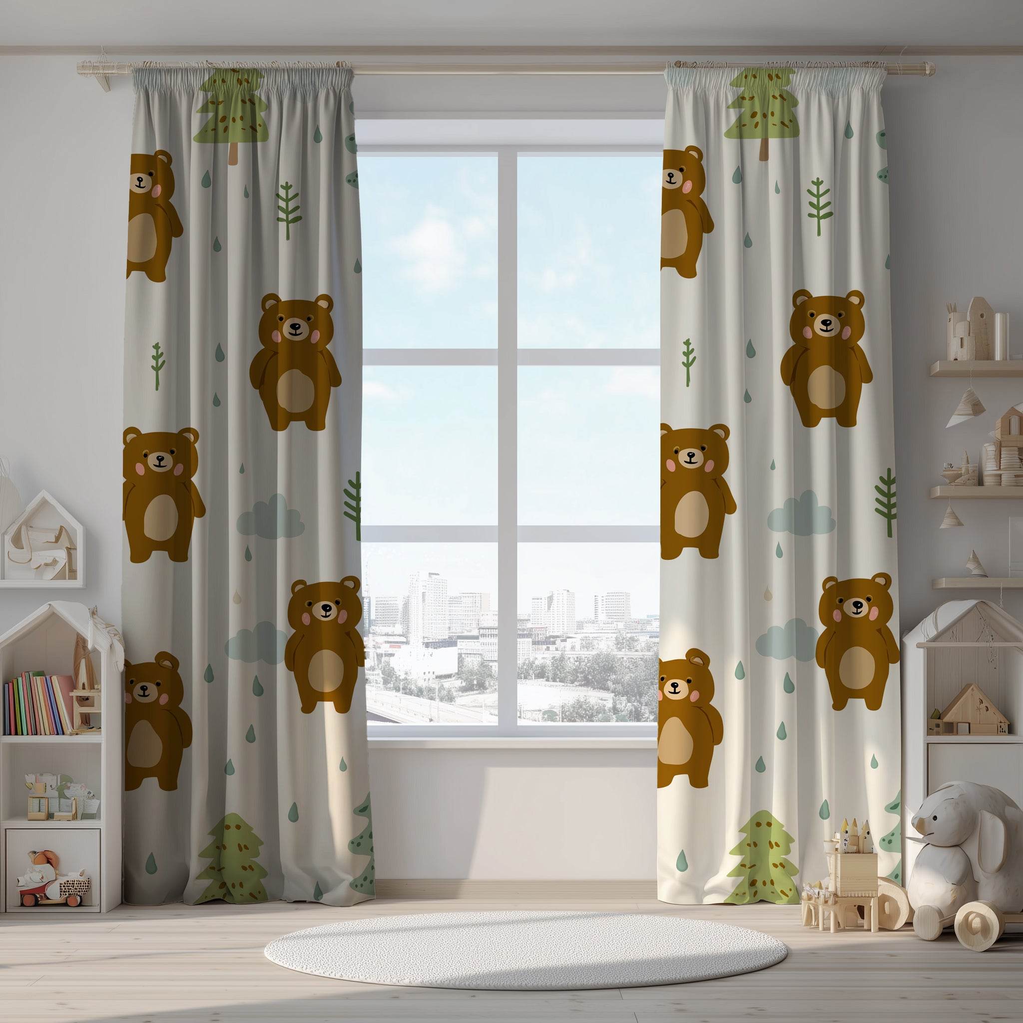 Cozy Woodland Bear Window Curtain | Cute Kids Room Decor, Nursery Drapes, Forest Theme, Animal Prints, Kid-Friendly - Home Decor -