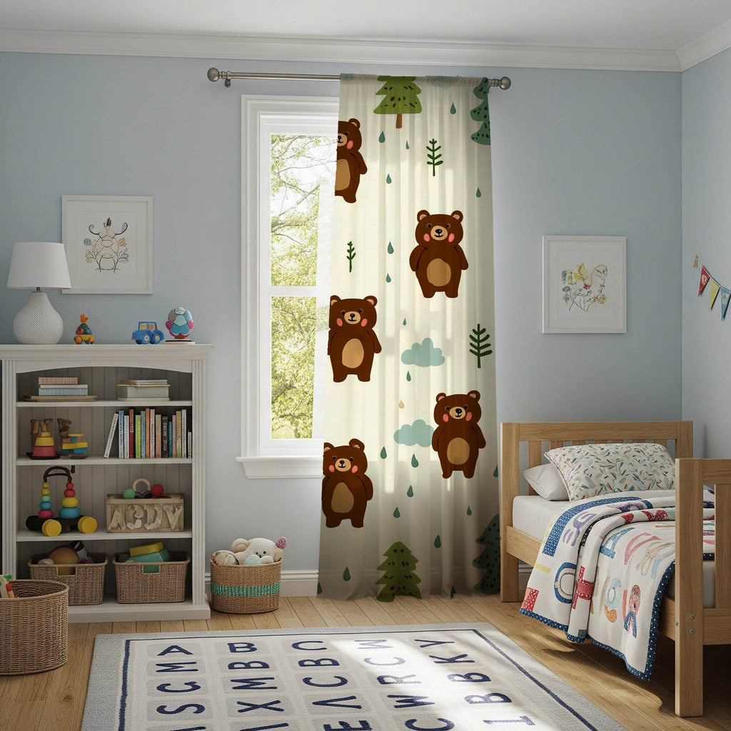 Cozy Woodland Bear Window Curtain | Cute Kids Room Decor, Nursery Drapes, Forest Theme, Animal Prints, Kid-Friendly - Home Decor -